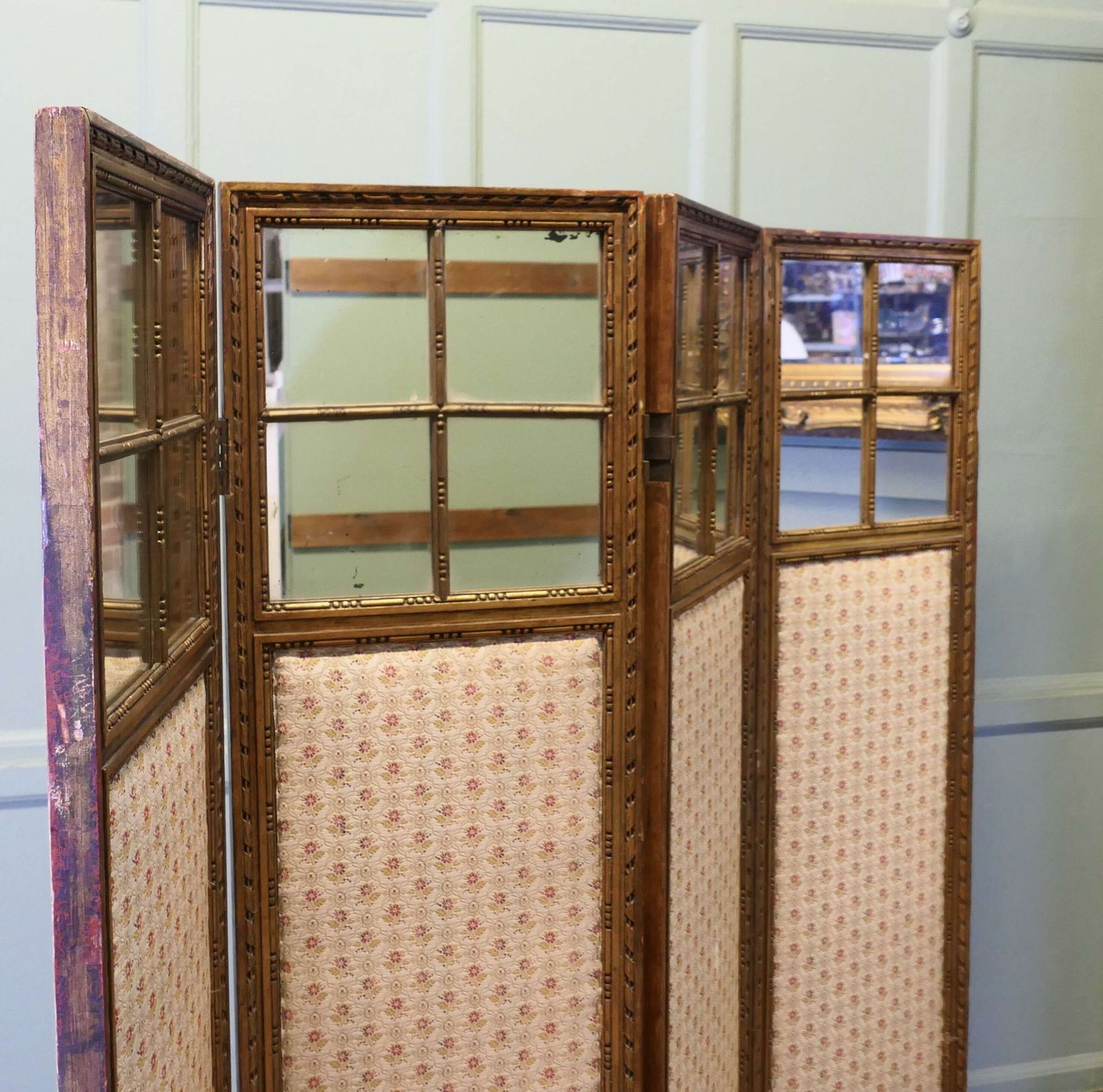 French Upholstered 4 Fold Screen, Gilt Mirror Room Divider photo Home Decor