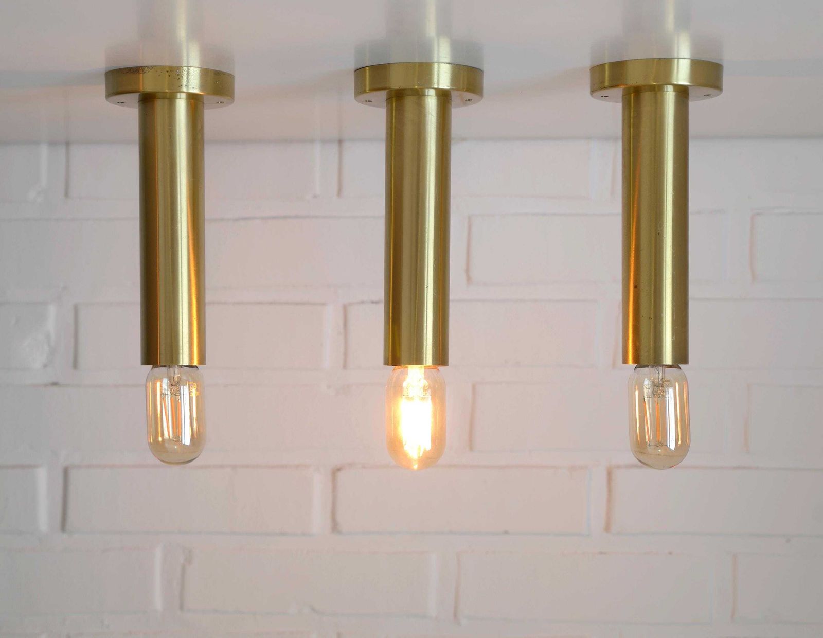 Set Of 3 Vintage Brass Sconces / Minimalist Style Ceiling Lights / Mid Century Modern Flush Mount Lighting 1980's / Home Bar Tube Lamps