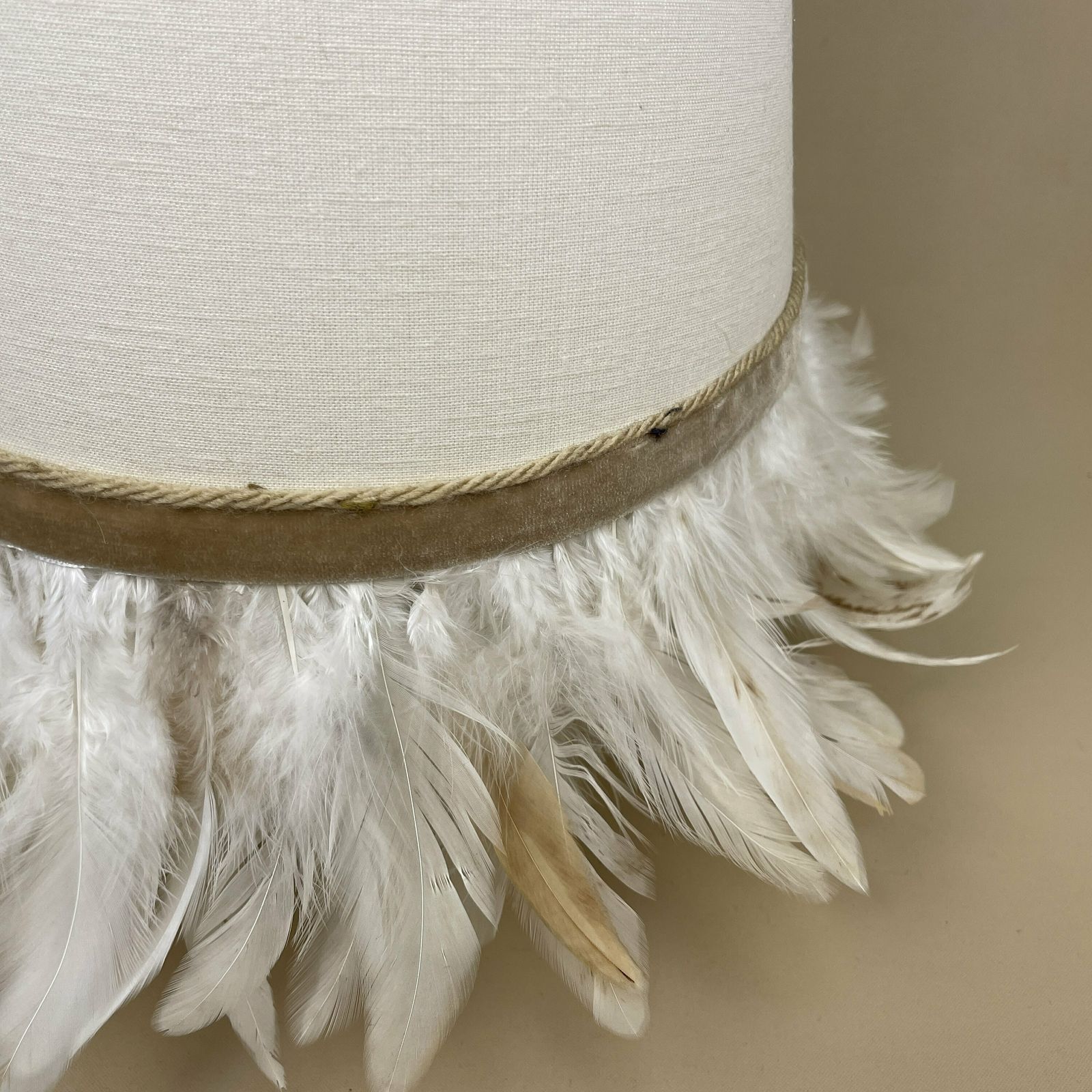 Feather Fringe Edge Detail Cone Lamp Shade Cream Lampshade Lightshade Light Natural Beige Bedside Classic Velvet Ribbon Handmade Unique photo vinterior