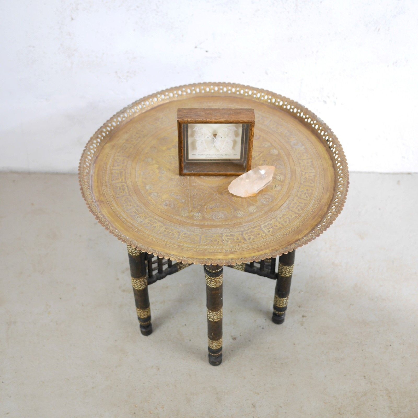 Antique Anglo Indian Pierced Brass Tray Top Folding Table Inlaid #102910 photo furniture