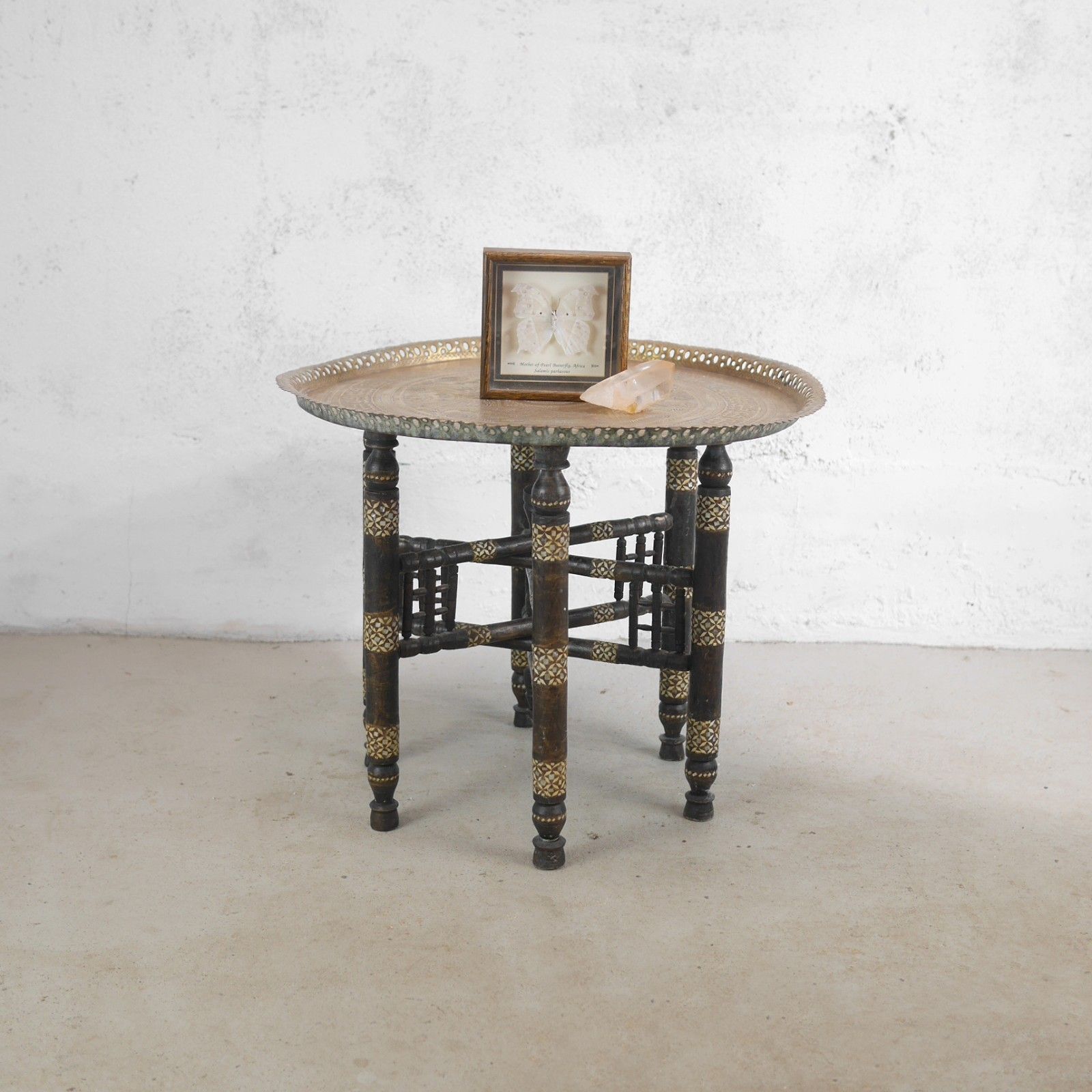 Antique Anglo Indian Pierced Brass Tray Top Folding Table Inlaid #102910 photo for sale