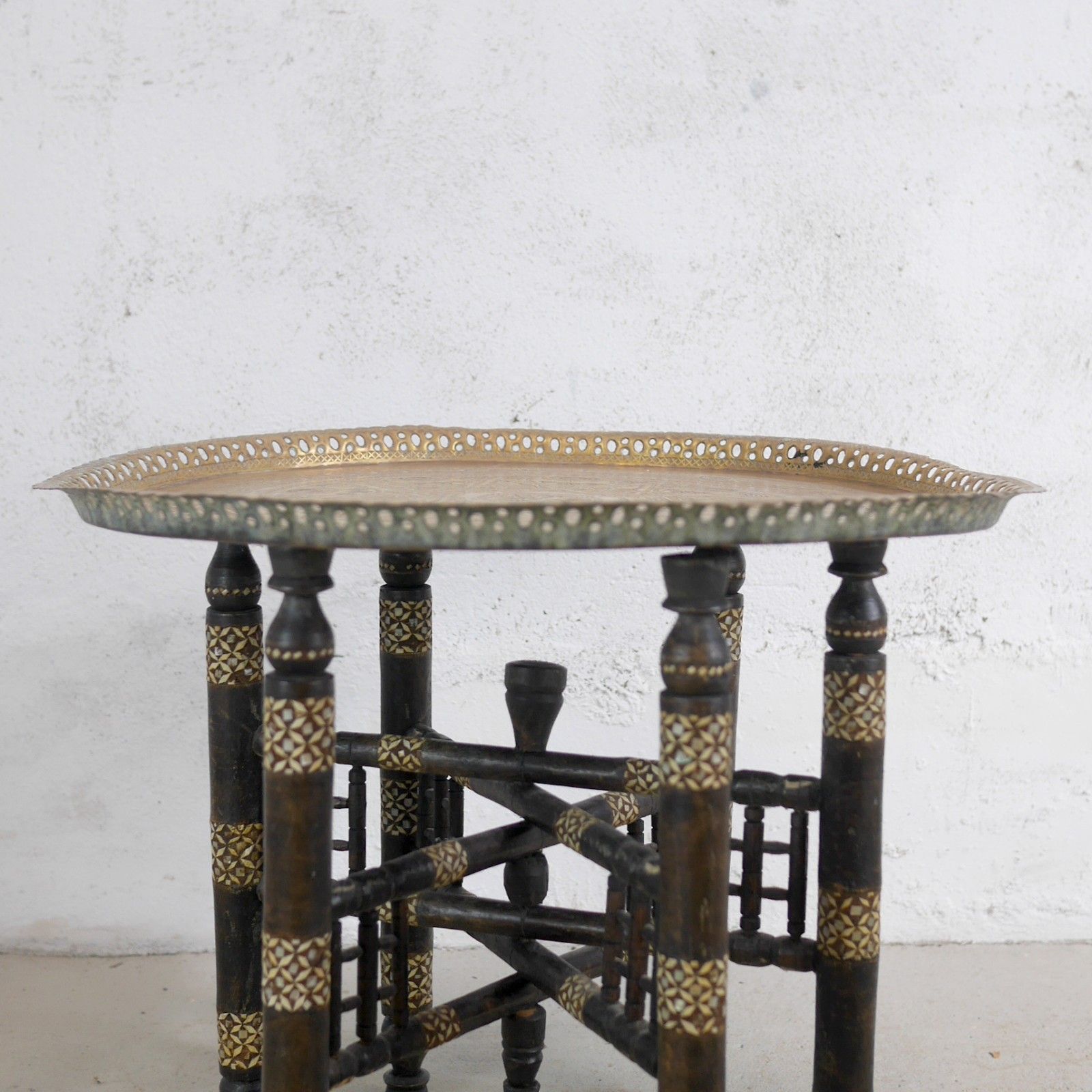 Antique Anglo Indian Pierced Brass Tray Top Folding Table Inlaid #102910 photo vintage