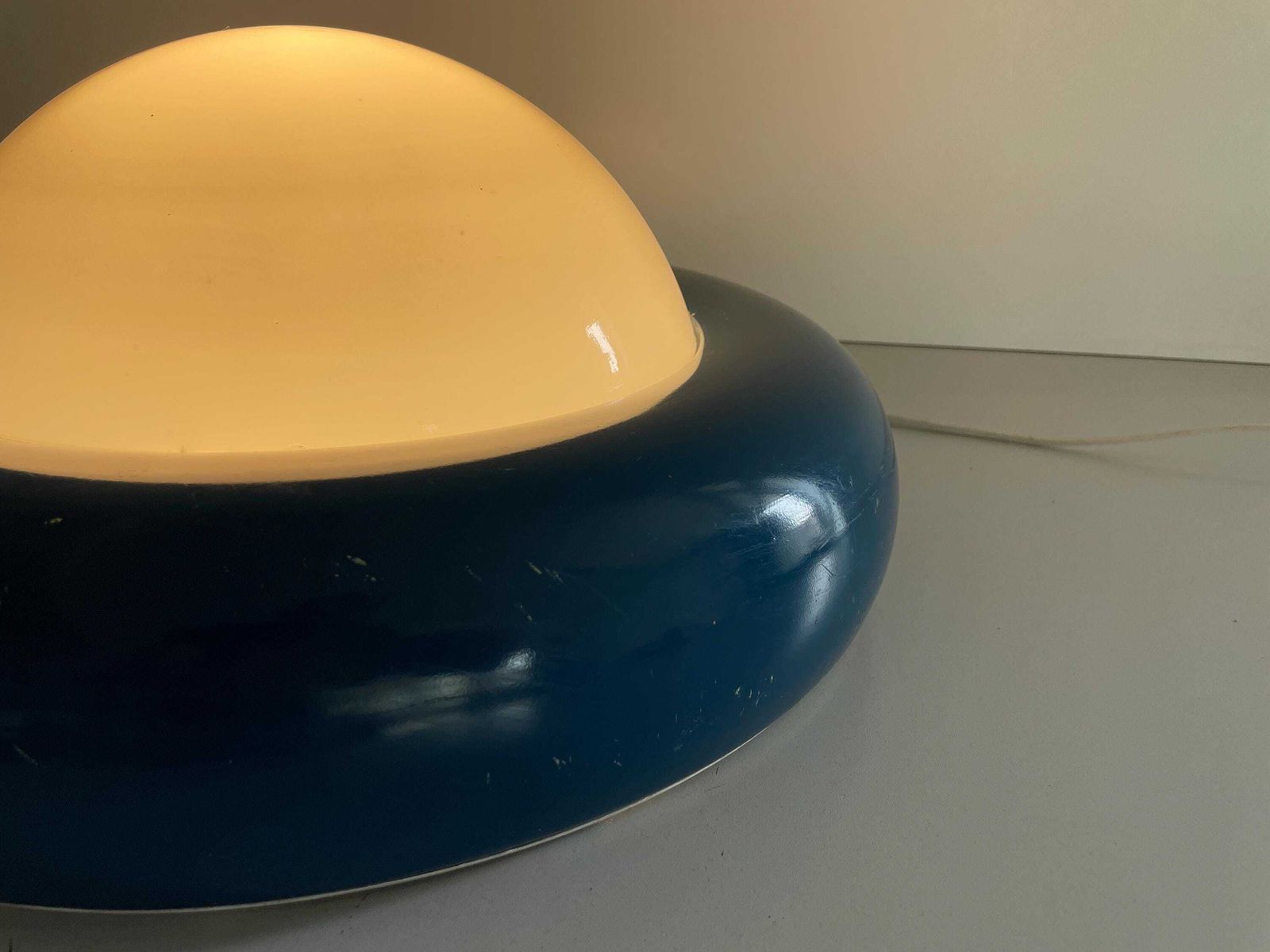 Opal Glass And Dark Blue Metal Body Flush Mount Light By Valenti, 1960s, Italy photo furniture