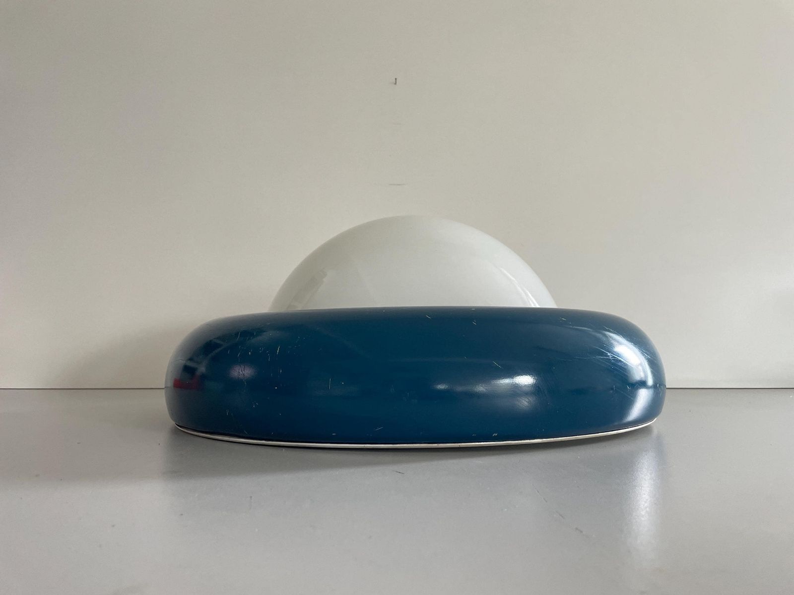 Opal Glass And Dark Blue Metal Body Flush Mount Light By Valenti, 1960s, Italy photo for sale