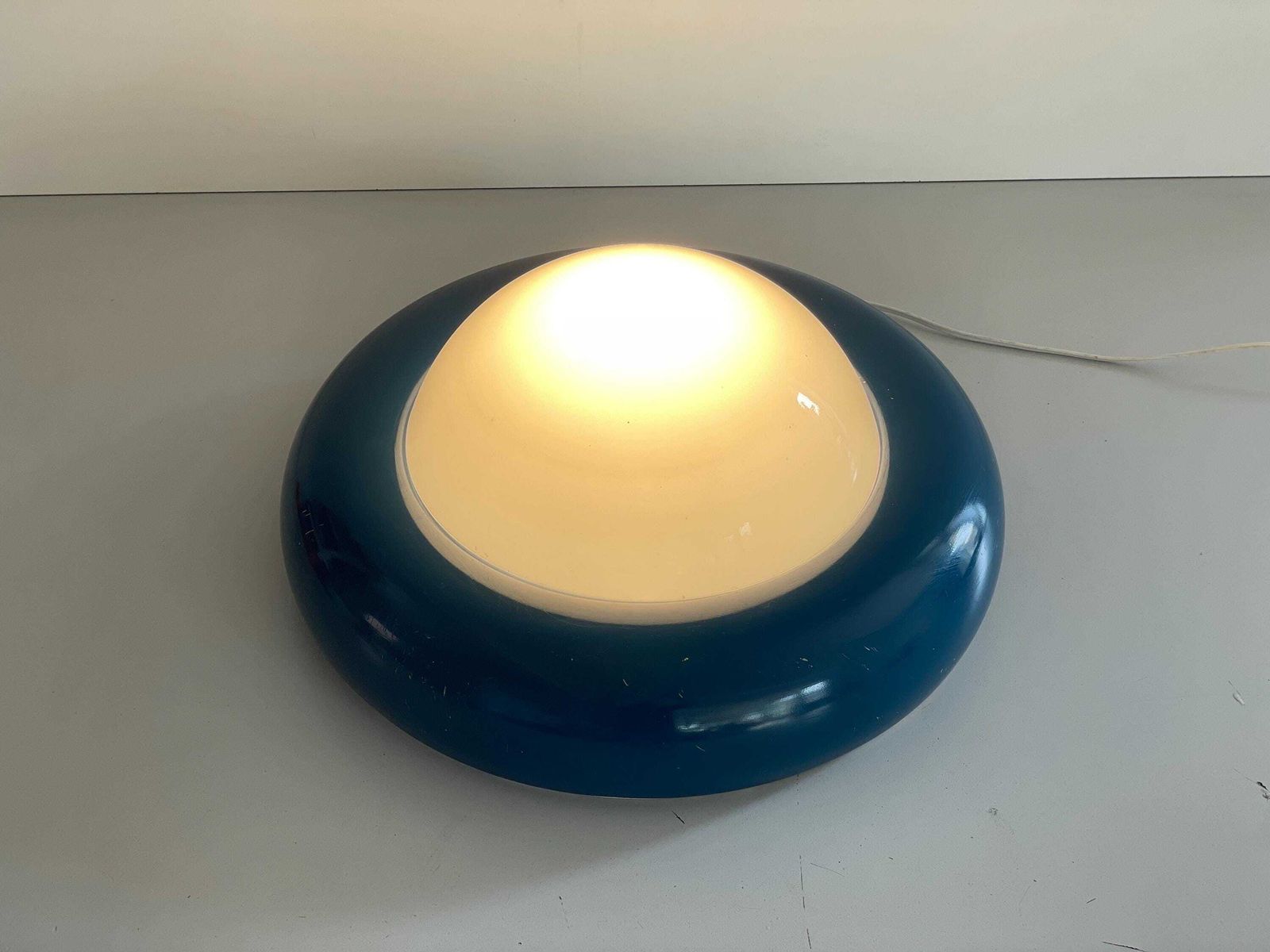 photo for sale Opal Glass And Dark Blue Metal Body Flush Mount Light By Valenti, 1960s, Italy