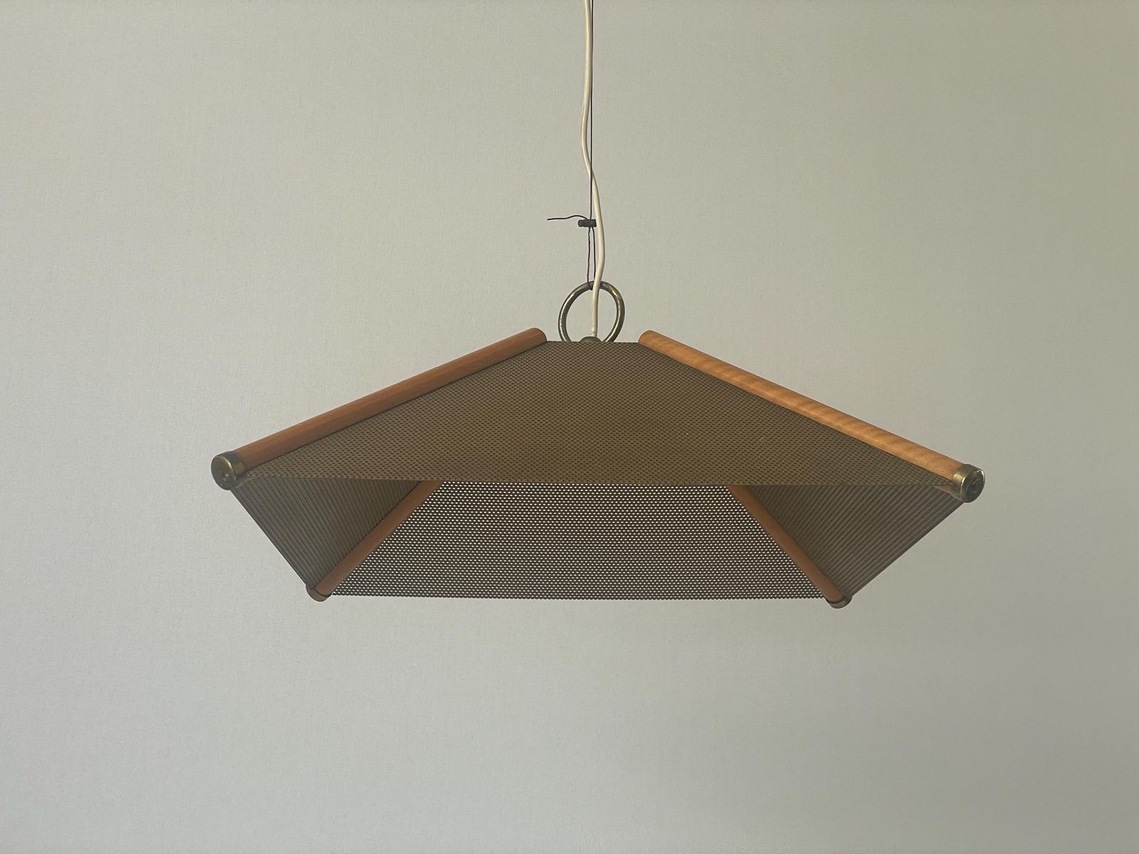 4 Leaves Wood Lines And Metal Body Pendant Lamp, 1960s, Italy photo vintage