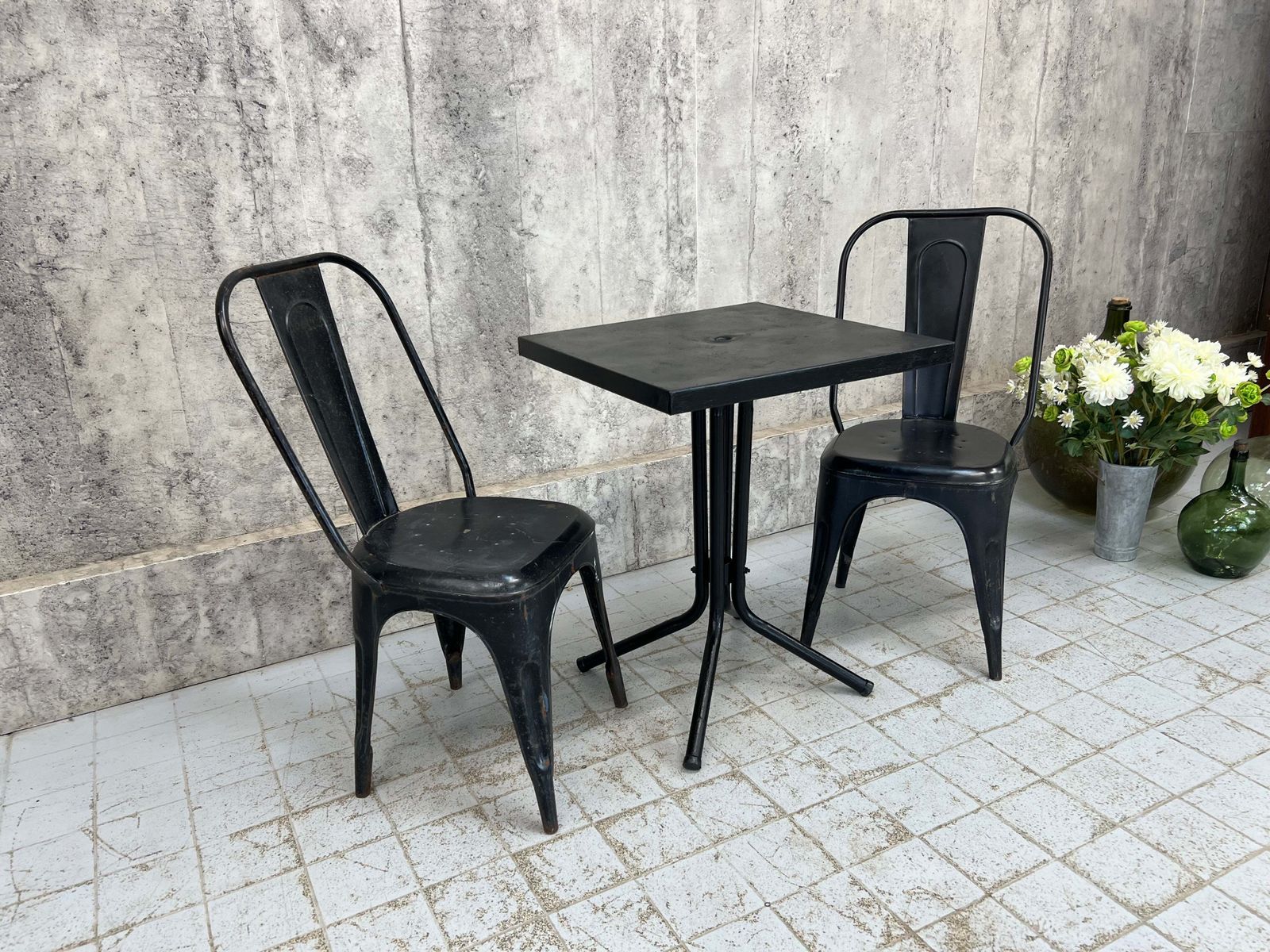 Black Tolix Metal Garden Table And Two Chairs