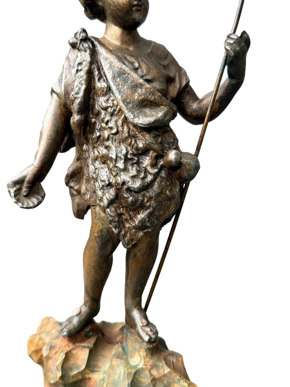Antique French St. John The Baptist Statue, 19th, Spelter On Polychrome Olive Wood, Religious Art, Catholic Gift photo Home Decor