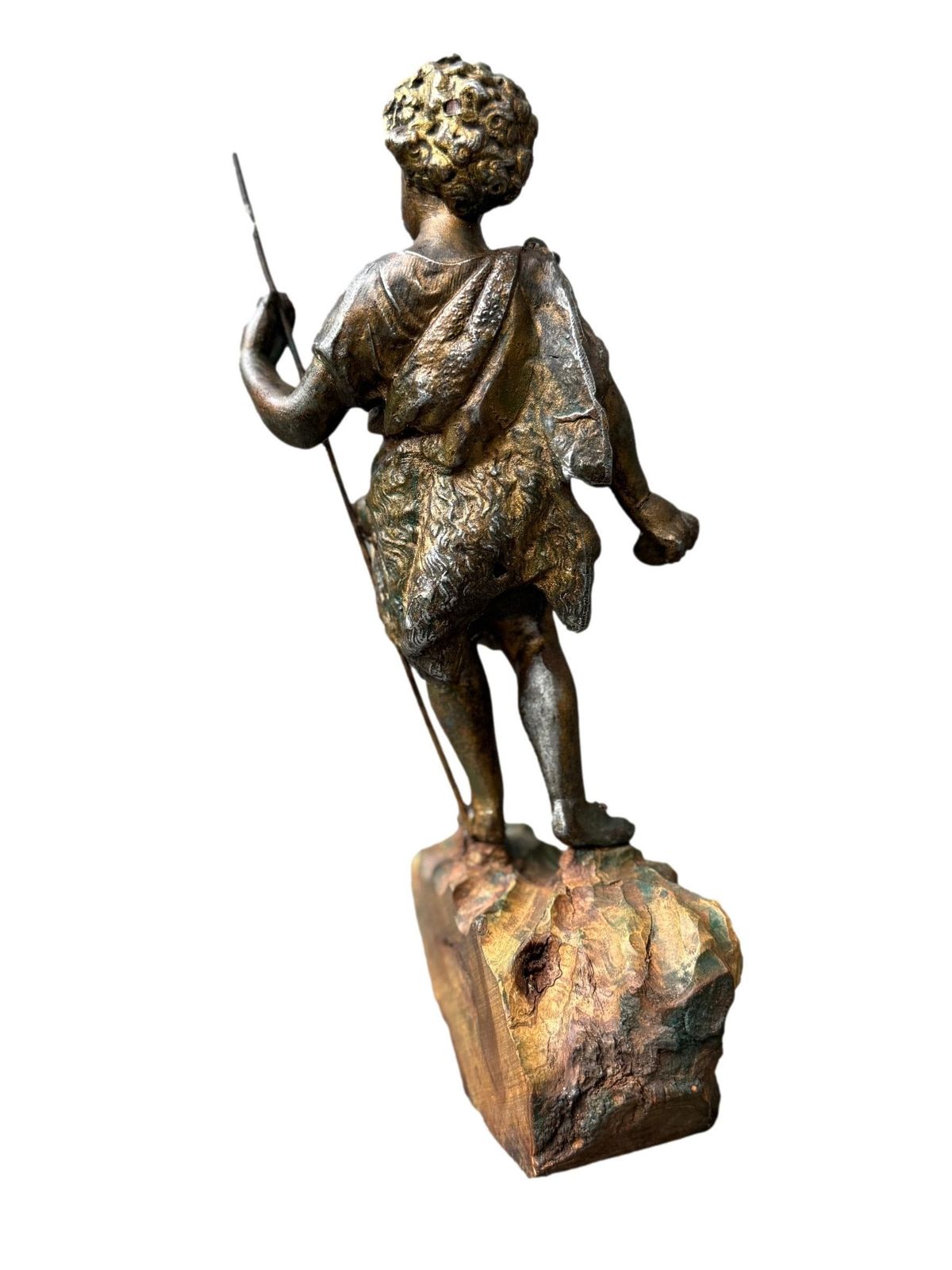 Antique French St. John The Baptist Statue, 19th, Spelter On Polychrome Olive Wood, Religious Art, Catholic Gift photo vintage