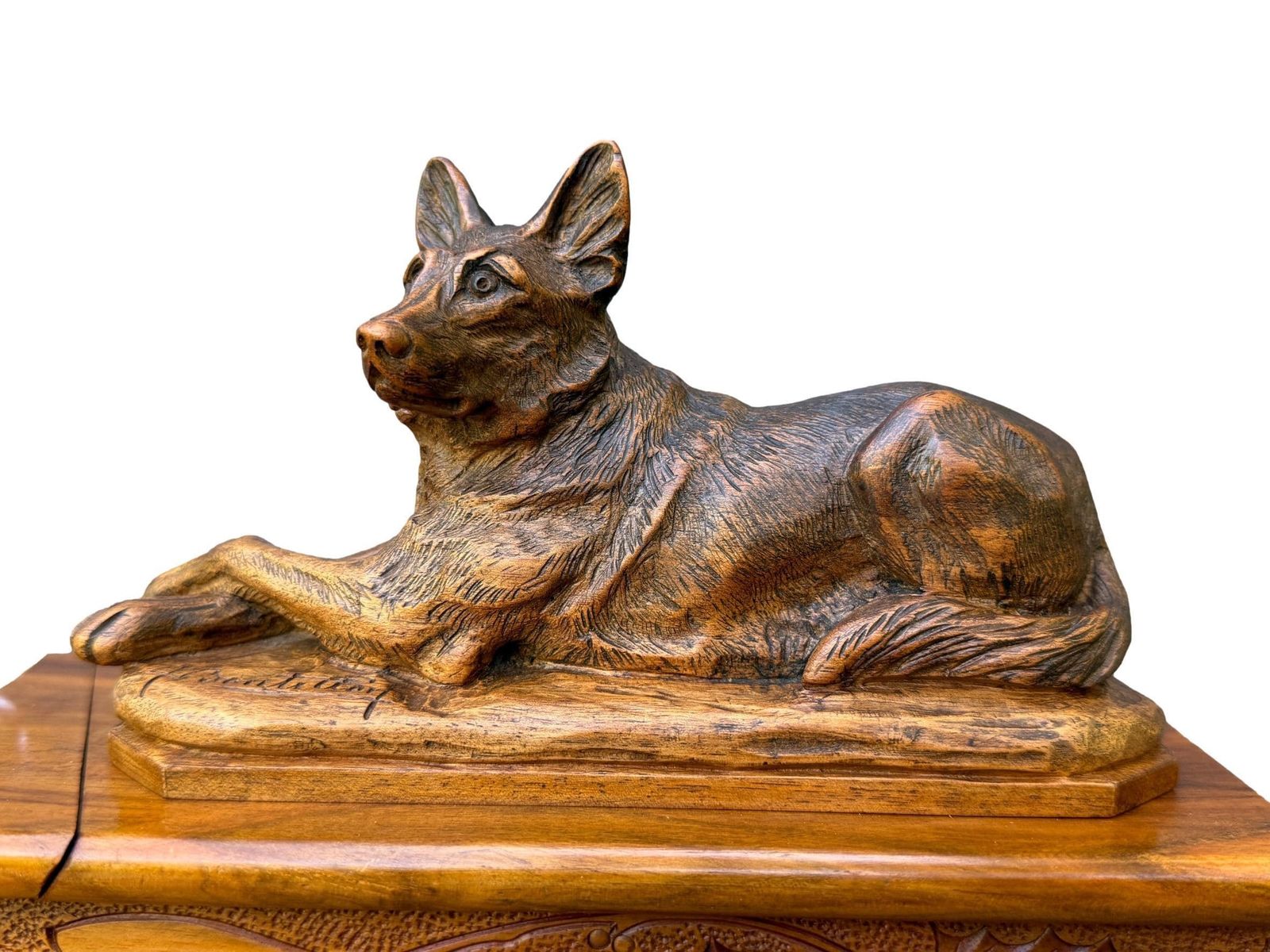 Antique Walnut Card Box With German Shepherd Sculpture, Signed A. Boutillon, 20th Century Dog Decor Gift photo furniture
