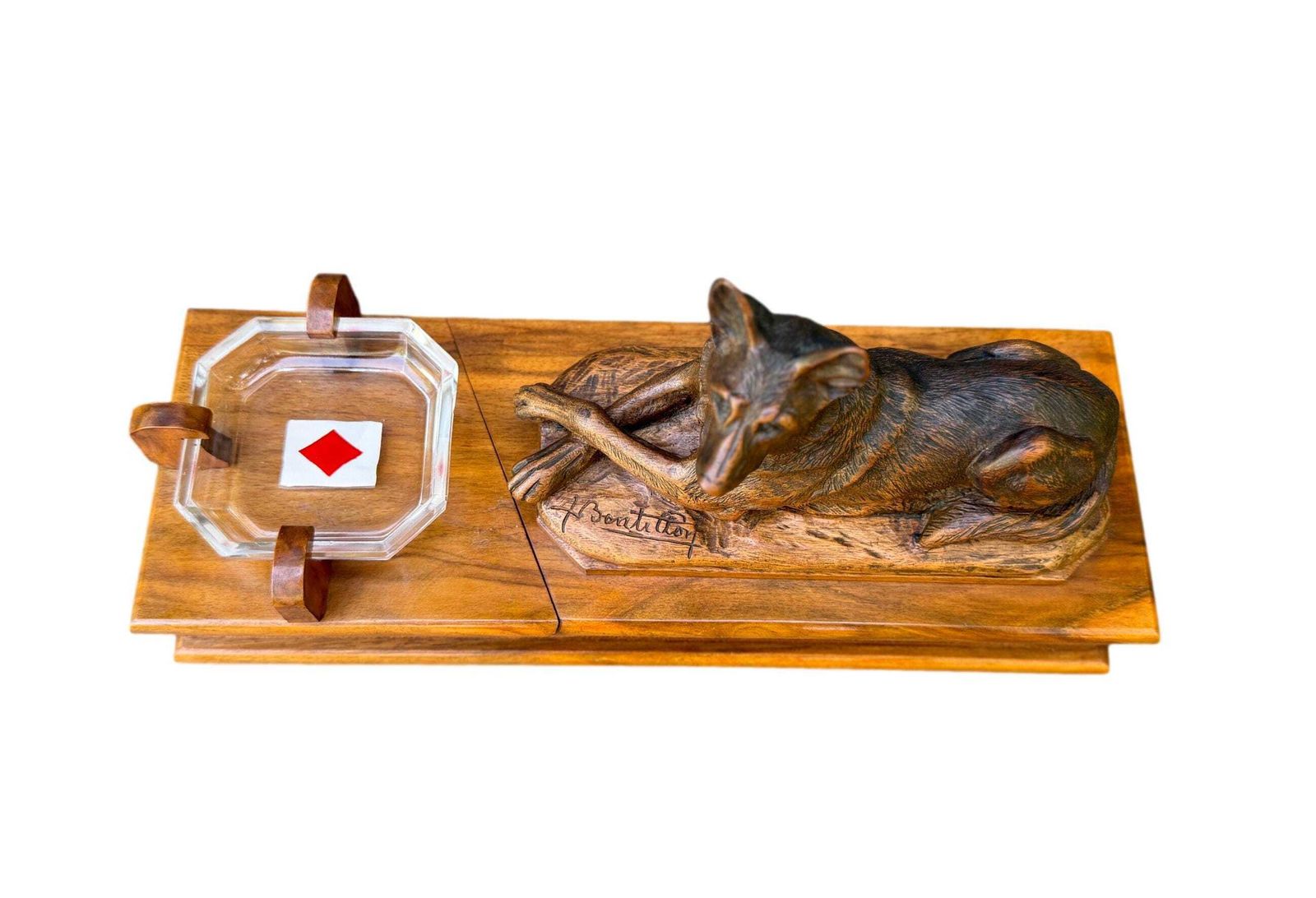 Antique Walnut Card Box With German Shepherd Sculpture, Signed A. Boutillon, 20th Century Dog Decor Gift photo Art
