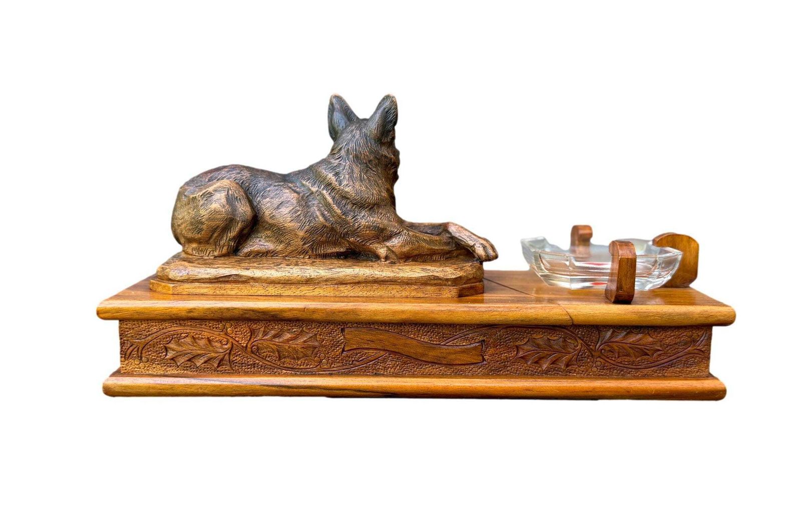 Antique Walnut Card Box With German Shepherd Sculpture, Signed A. Boutillon, 20th Century Dog Decor Gift photo buy