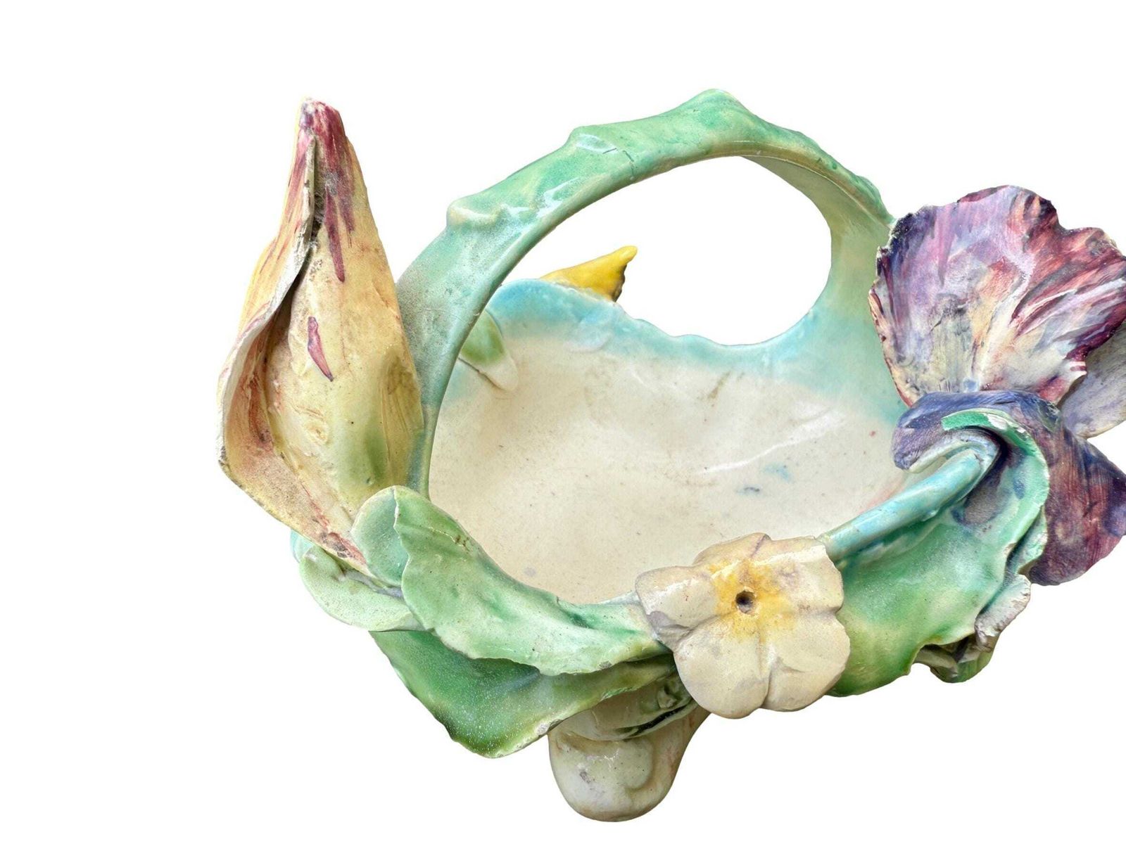Antique French Majolica Planter Basket By Longchamp, 19th Century Terre De Fer, Iris Flower Jardinière, Hand Glazed Floral Barbotine photo 370.0