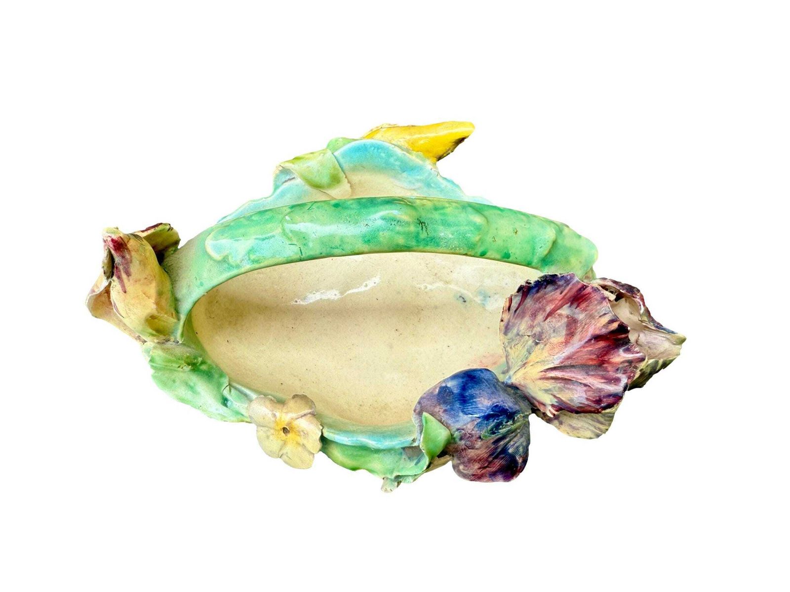 Antique French Majolica Planter Basket By Longchamp, 19th Century Terre De Fer, Iris Flower Jardinière, Hand Glazed Floral Barbotine photo vintage
