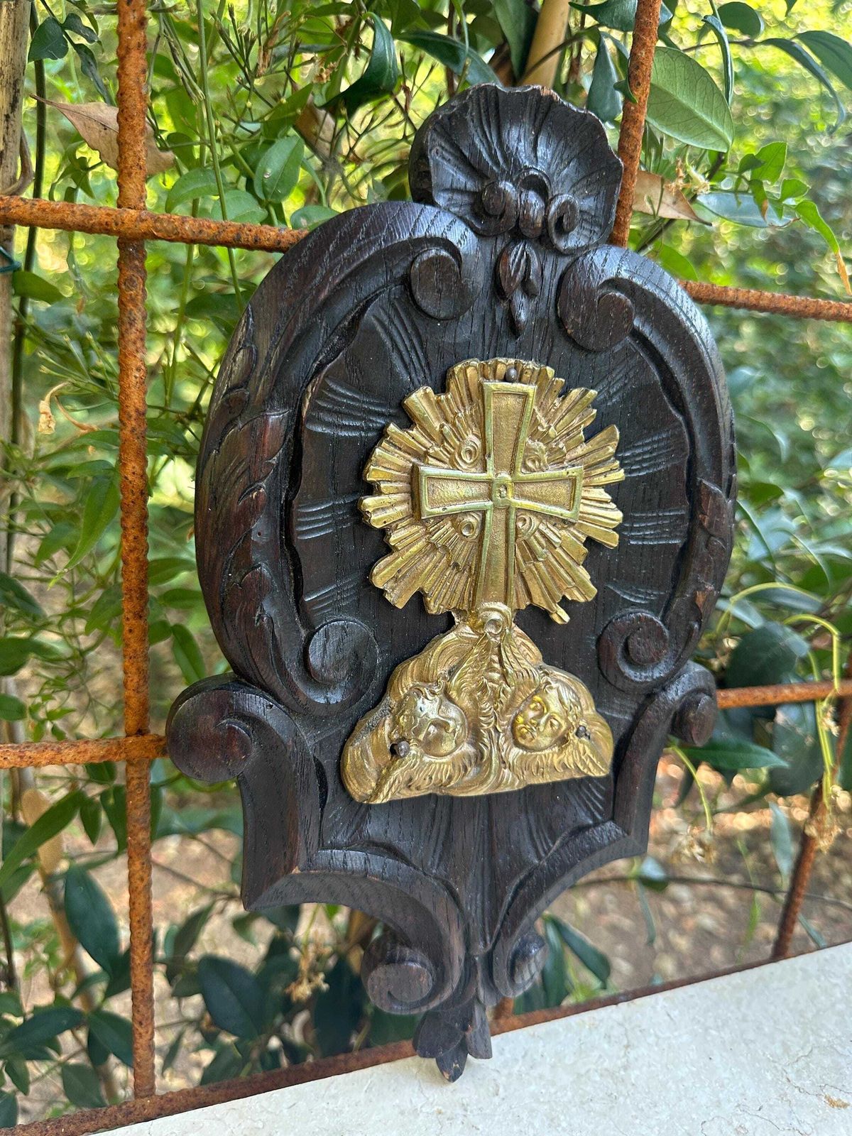 Antique French Wall Religious Plaque, Carved Oak & Gilt Bronze Cross With Cherubs, Rococo Devotional Wall Decor, 19th photo for sale