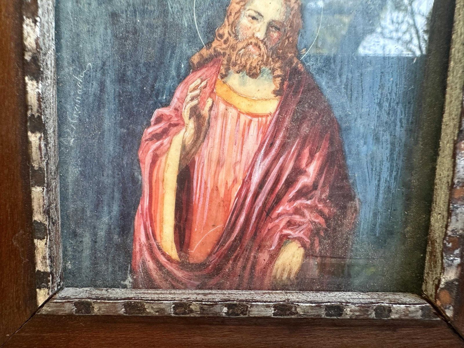 French Antique Small Religious Painting Of Christ, Late 19th Century, Framed Painting On Cardboard, Sacred Art photo Art