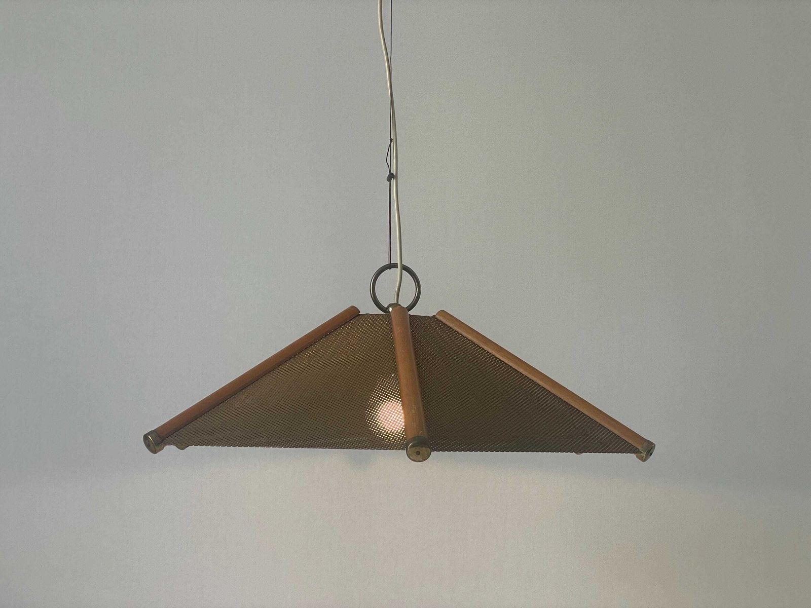 6 Leaves Wood Lines And Metal Body Pendant Lamp, 1960s, Italy photo vinterior