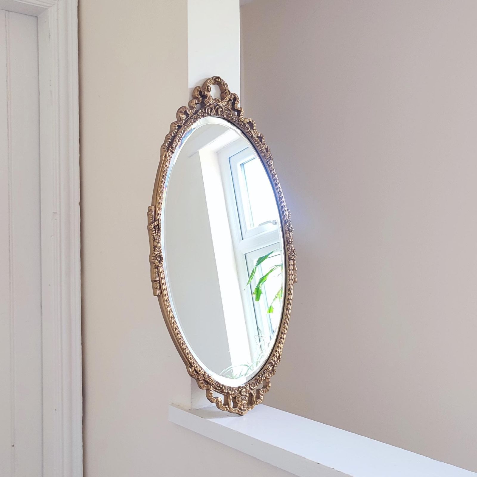 Mid Century Gold Gilt Oval Ornate Wall Mirror   Floral Swag Wood Framed Regency Rococo Bevel Edge Hollywood Glamour Bedroom Décor 27 X 14.5" photo 250.0