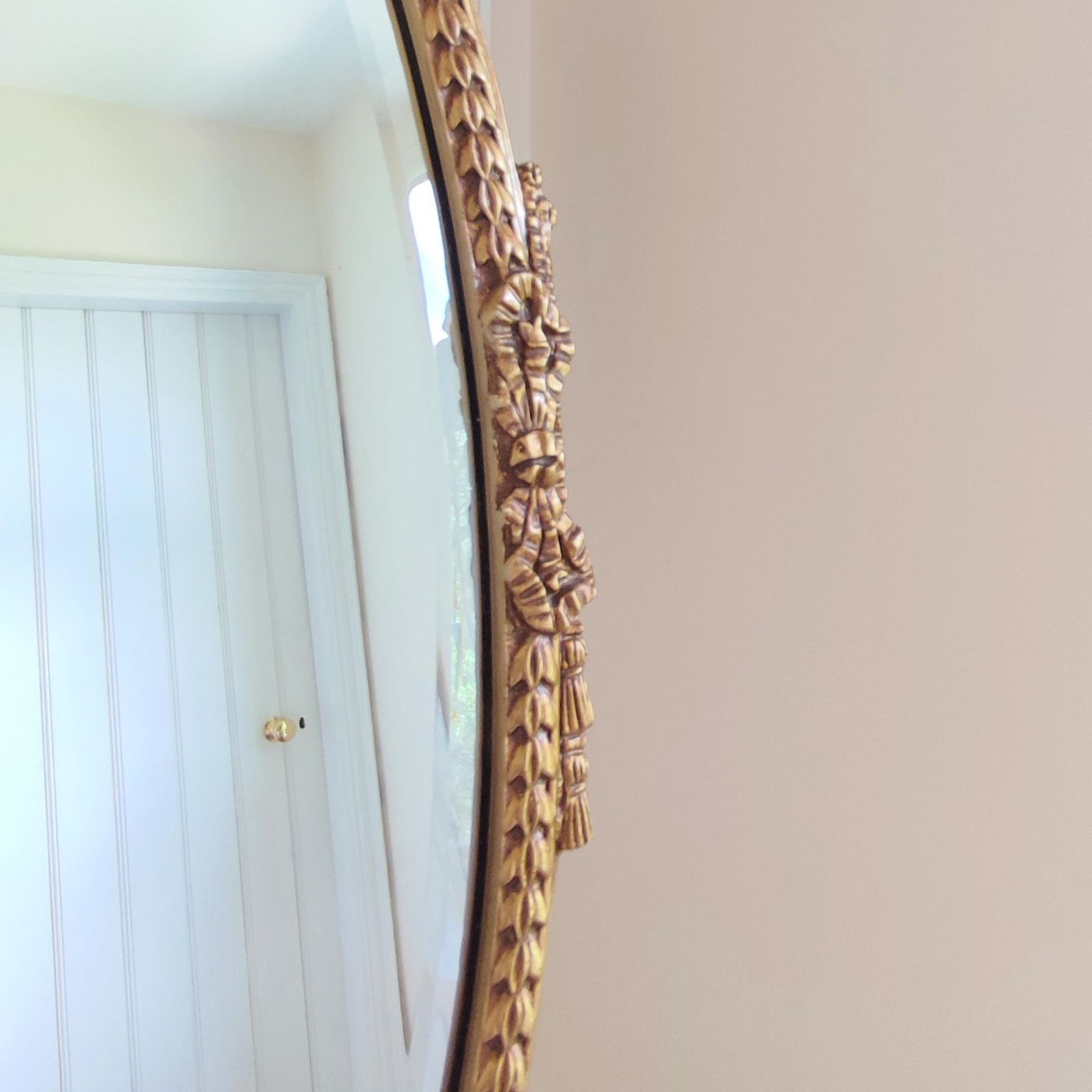 photo furniture Mid Century Gold Gilt Oval Ornate Wall Mirror   Floral Swag Wood Framed Regency Rococo Bevel Edge Hollywood Glamour Bedroom Décor 27 X 14.5"