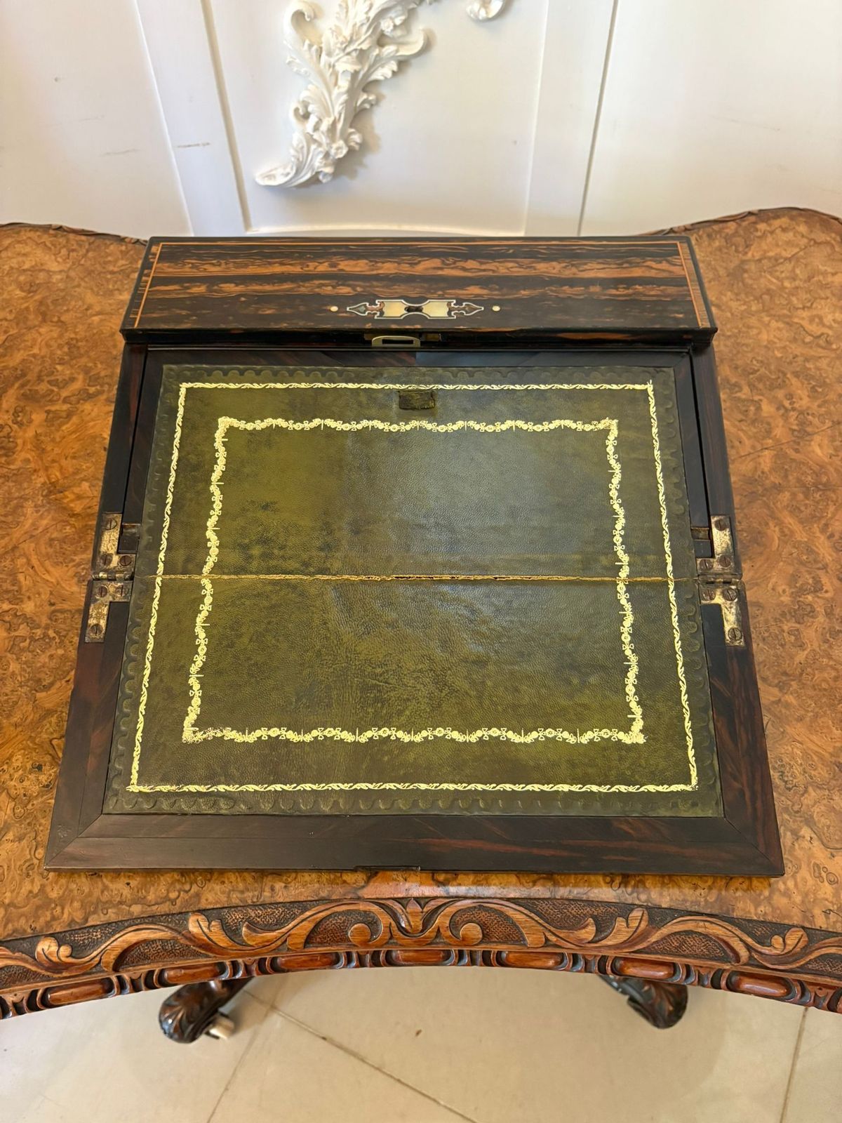 photo for sale Unusual Antique 19th Century Quality Inlaid Coromandel Wood Writing Box