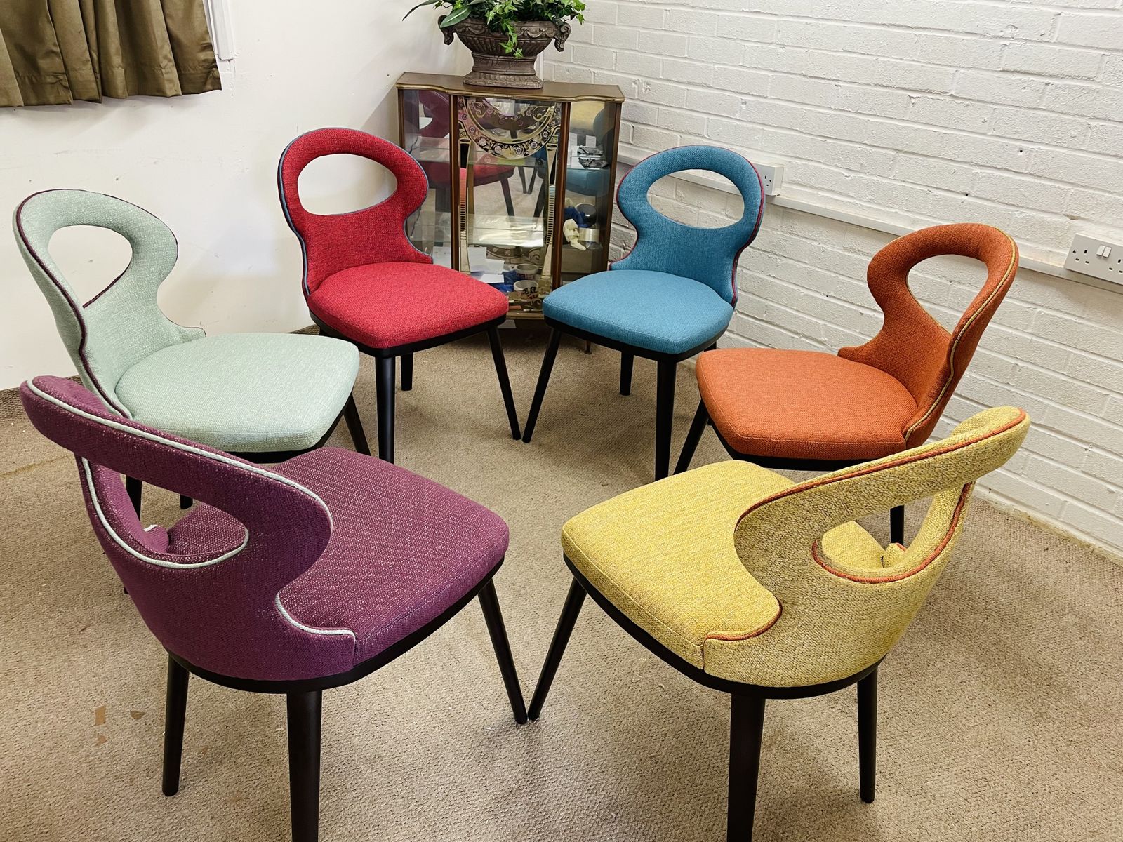 Set Of 6 Vintage Italian Dining Chairs Reupholstered In Multicoloured Fabric
