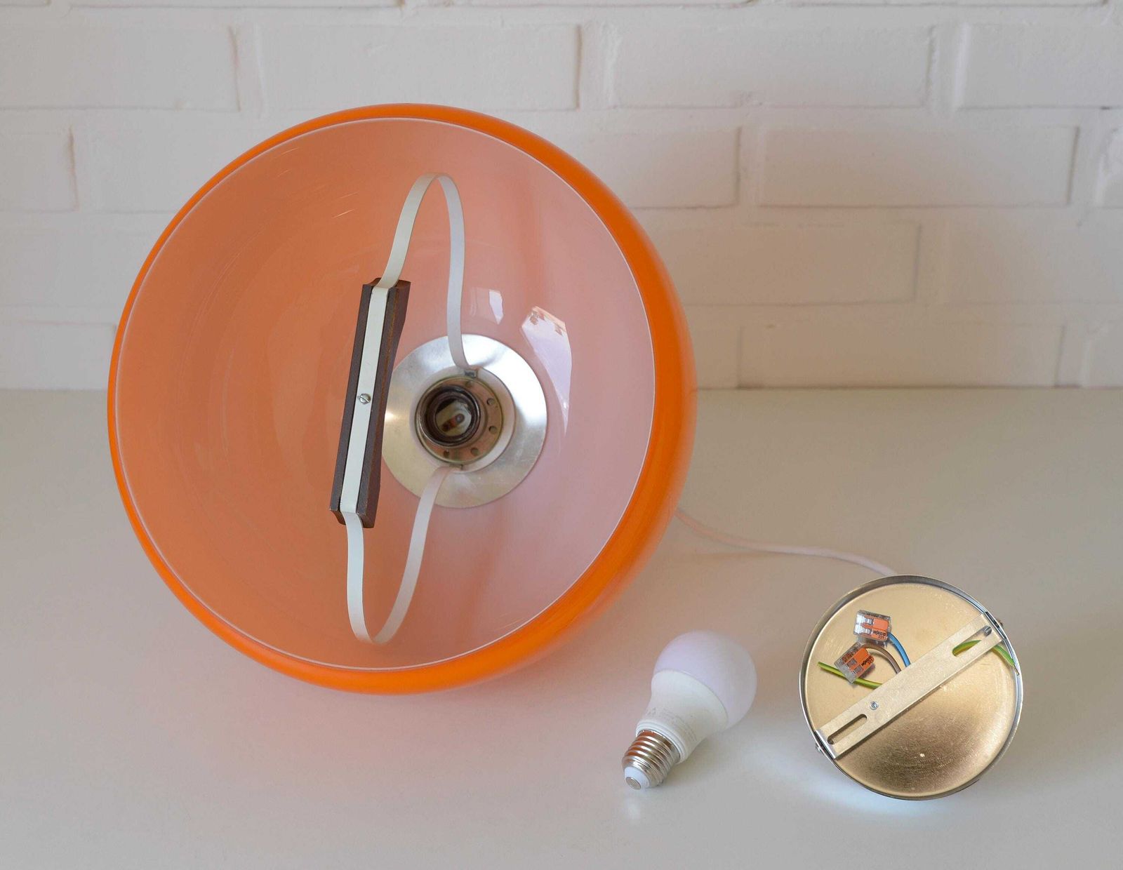 photo for sale Vintage Orange Pendant Light In Mid Century Modern Style / Space Age Hanging Lamp / Glass Light Fixture / Yugoslavia 1970's / Retro Lamp