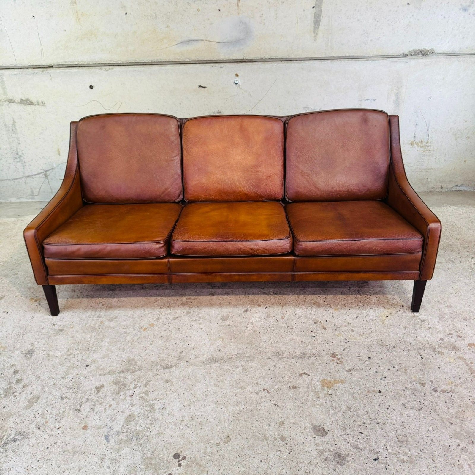 Vintage 1960s Danish Tan Leather Three Seater Sofa #A645 photo for sale