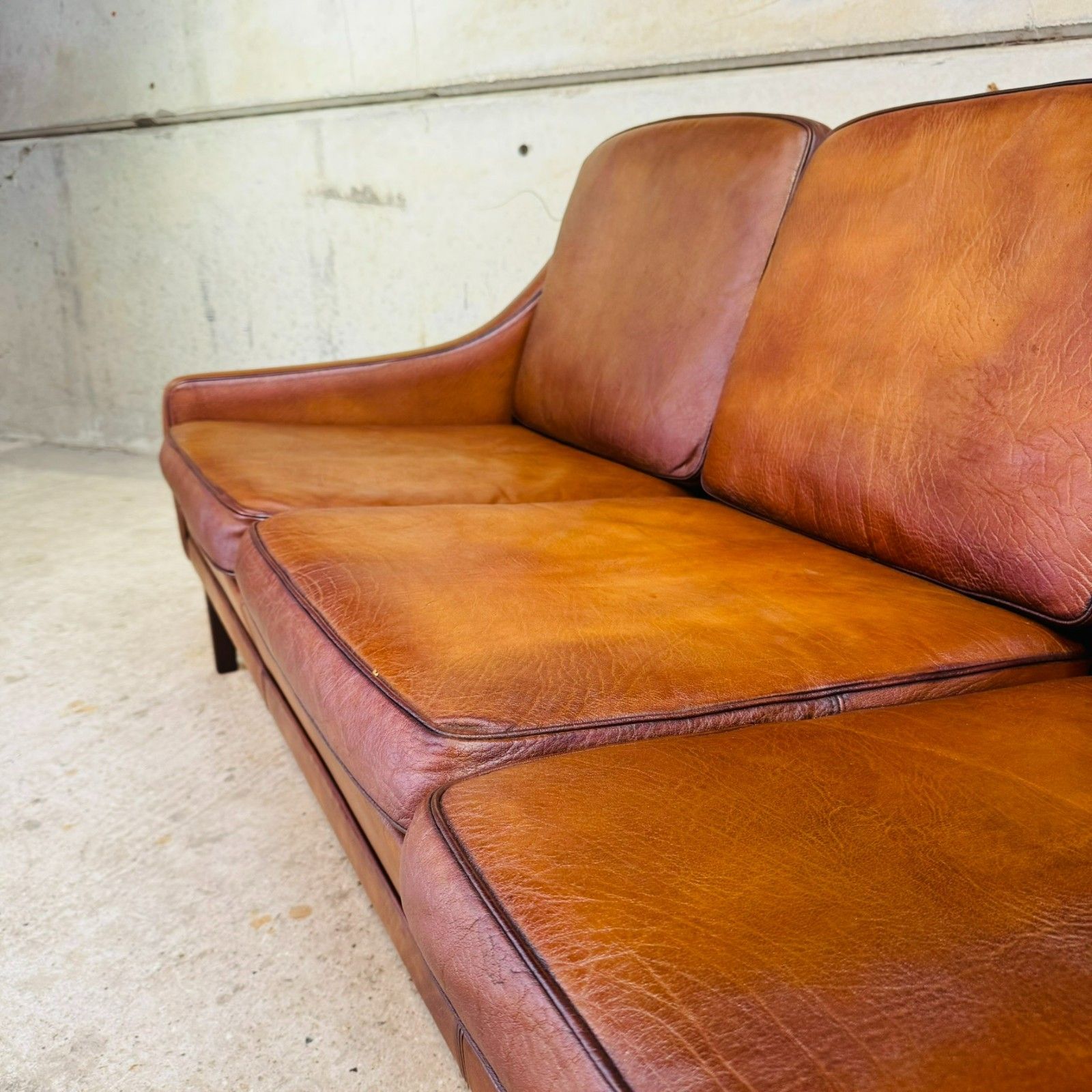 Vintage 1960s Danish Tan Leather Three Seater Sofa #A645 photo buy
