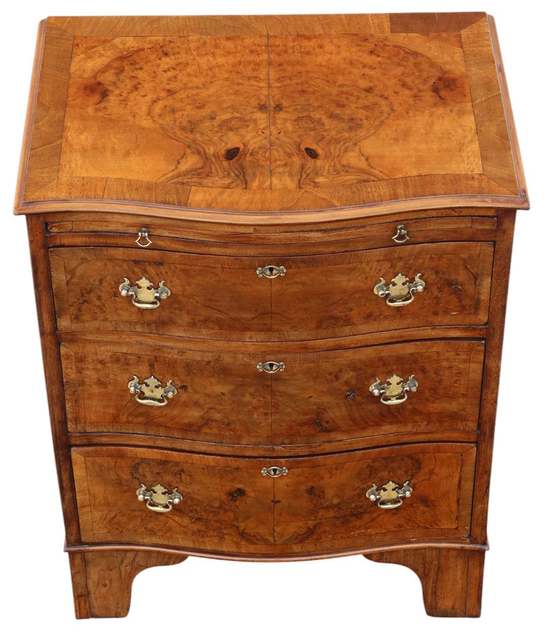 Antique C.1920 Georgian Revival Burr Walnut Serpentine Chest Of Drawers – Fine Quality With Brushing Slide photo vinterior
