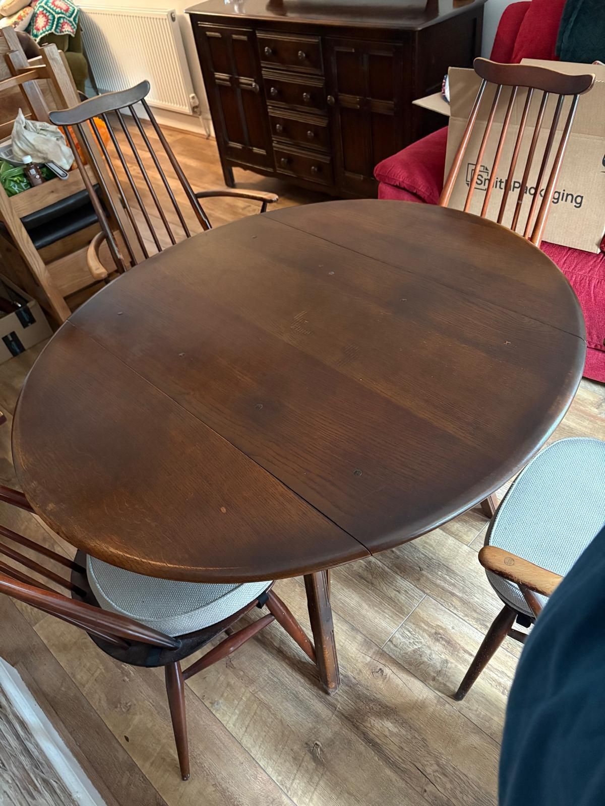 Ercol Dining Table And Chairs Included 2 Carver Chairs With Seat Cushions photo furniture