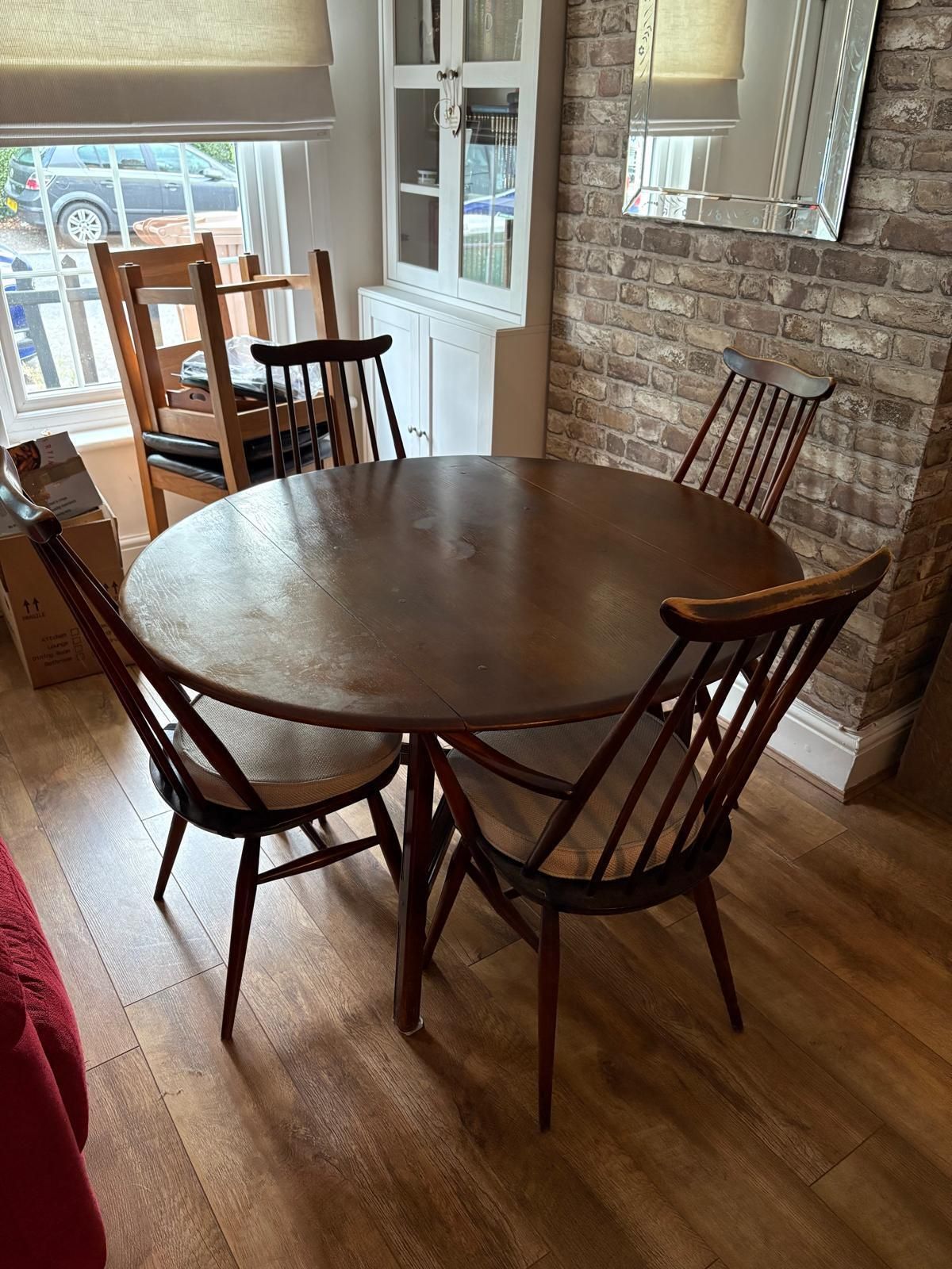 Ercol Dining Table And Chairs Included 2 Carver Chairs With Seat Cushions photo for sale