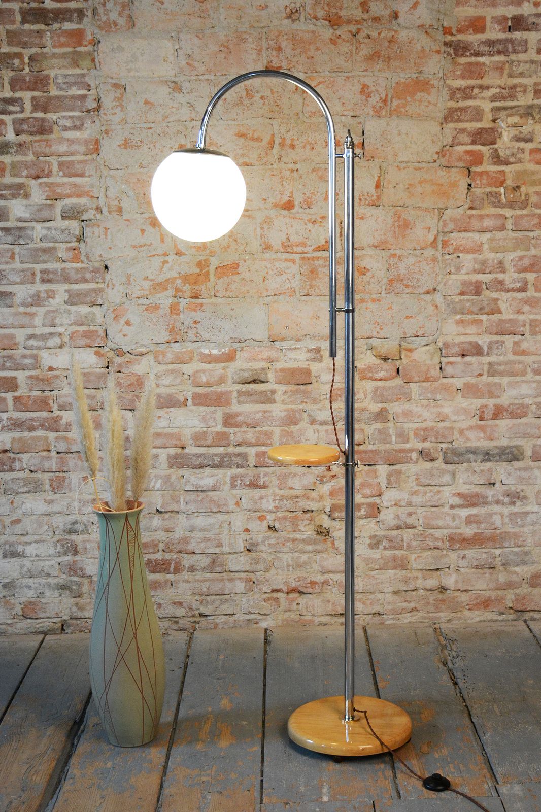 Restored Bauhaus Floor Lamp, Chrome, Beech, Opaline Milk Glass, Czech, 1930s photo for sale
