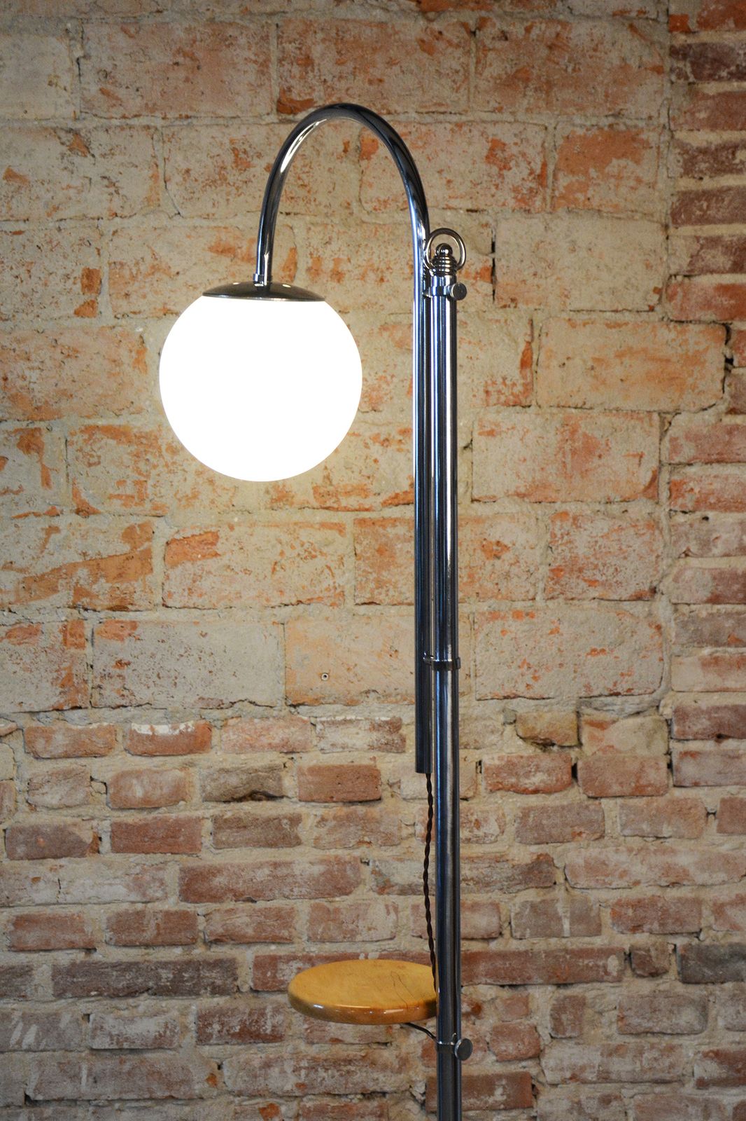Restored Bauhaus Floor Lamp, Chrome, Beech, Opaline Milk Glass, Czech, 1930s photo Lighting