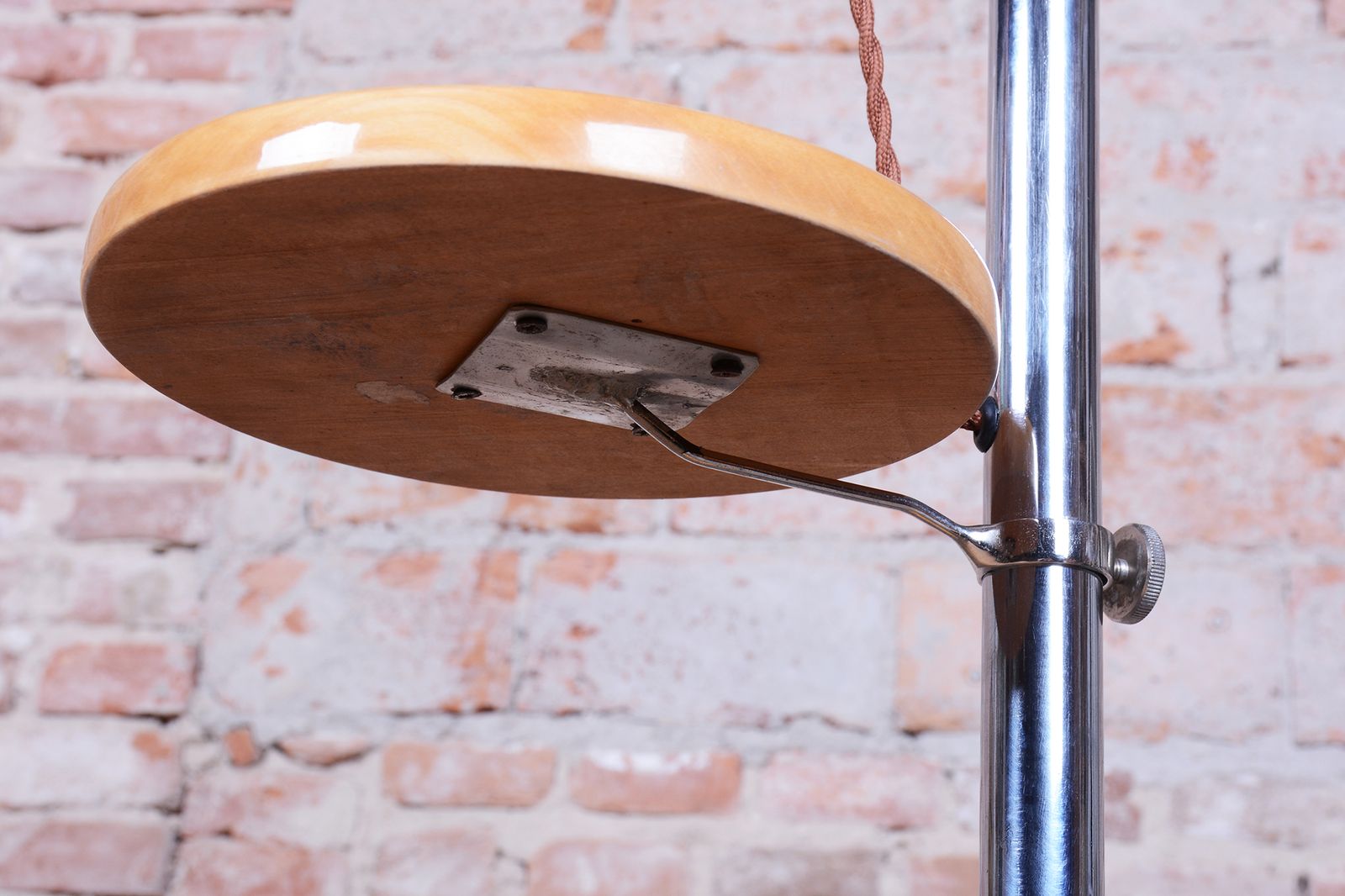 photo furniture Restored Bauhaus Floor Lamp, Chrome, Beech, Opaline Milk Glass, Czech, 1930s