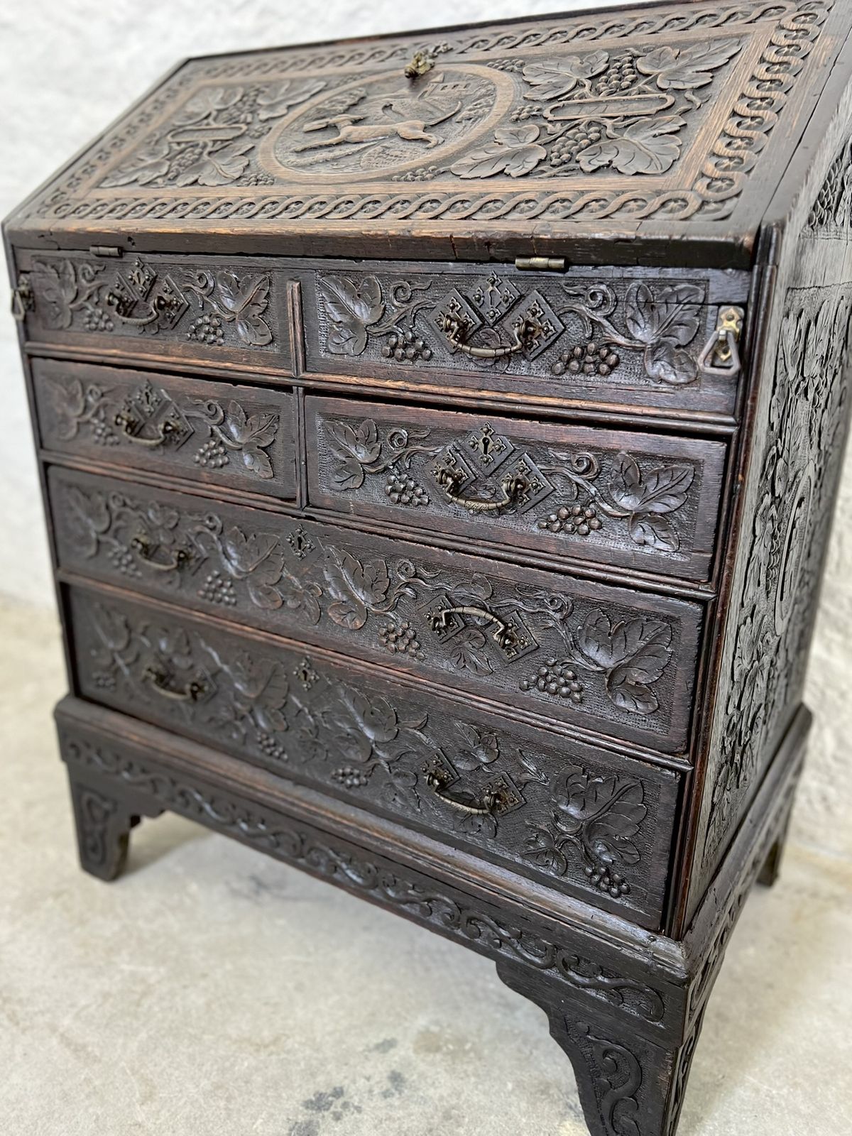 Antique Carved English Oak Chinoiserie Bureau Chest Secretary Writing Desk Secretaire With Drawers photo furniture