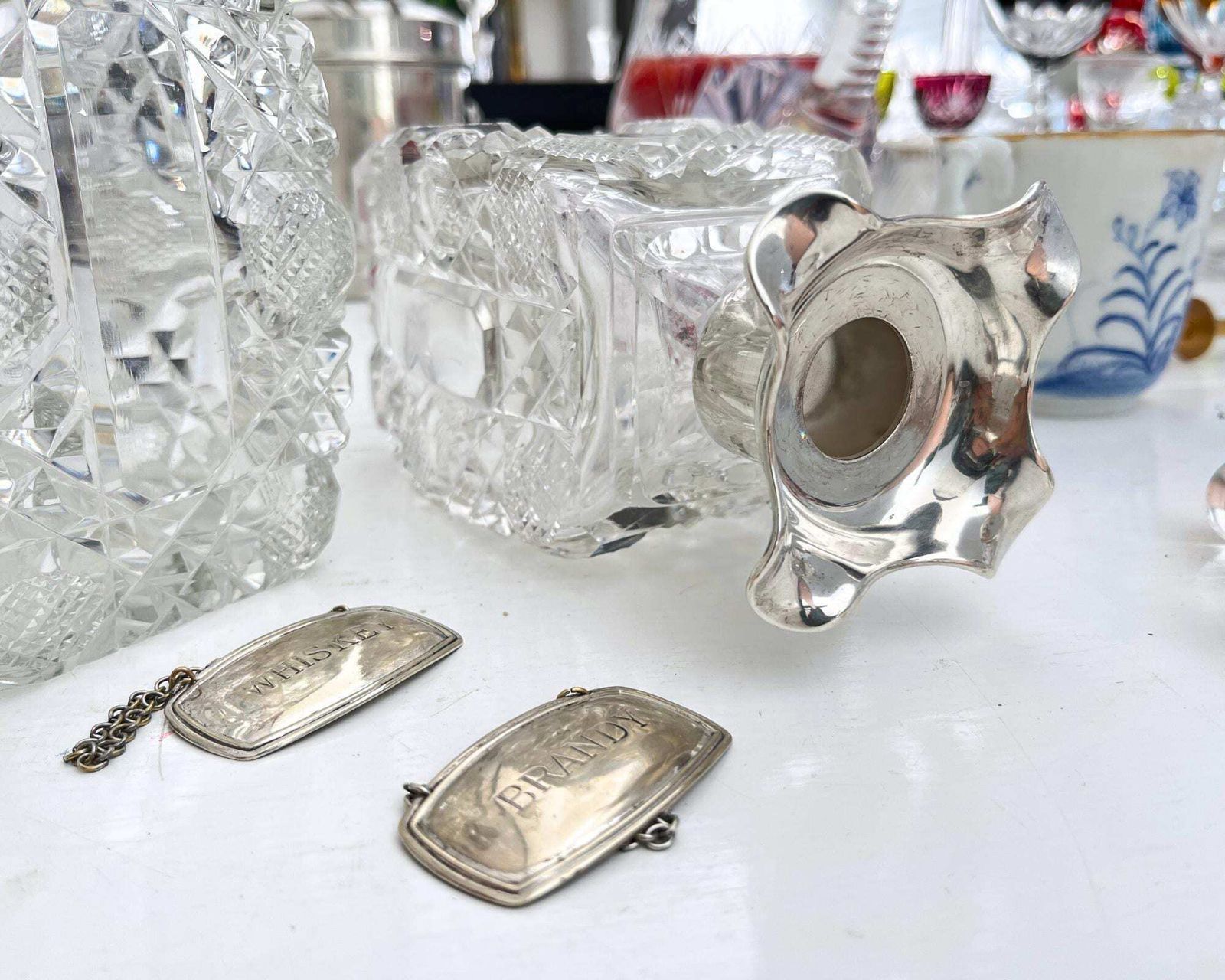Antiek Kristallen Karafelset | 800 Zilveren Halsringen | Whiskey Of Brandy Barware photo vintage