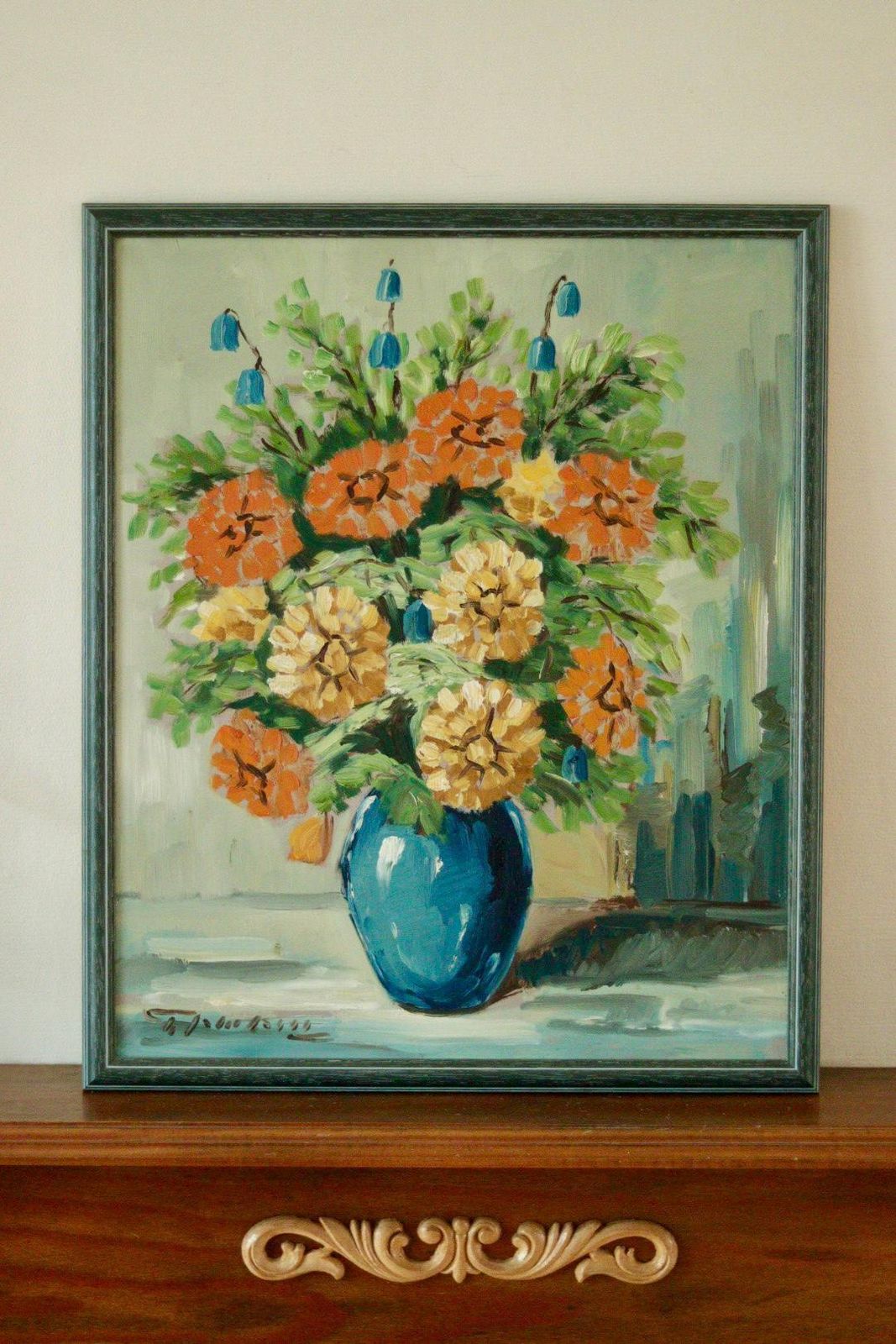 Original  "Flowers In Vase"  | Vintage & Framed – 49 × 41 Cm | 19.3 × 16.1 In