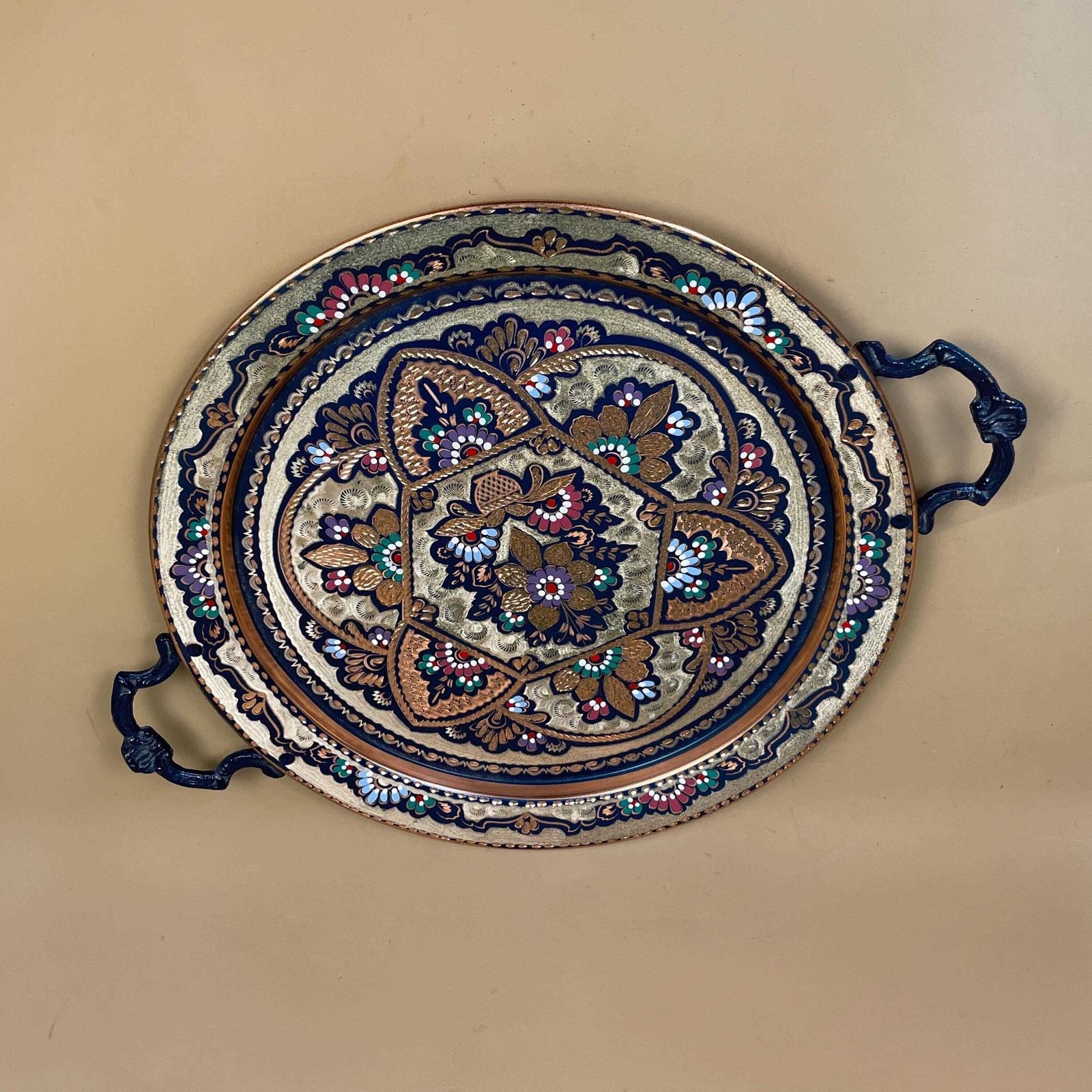 Antique Metal Copper Indian Patterned Brass Tray 45.5cm Plate Handmade Copper Etched Intricate Vintage Decorative Round Colourful Handles photo Home Decor