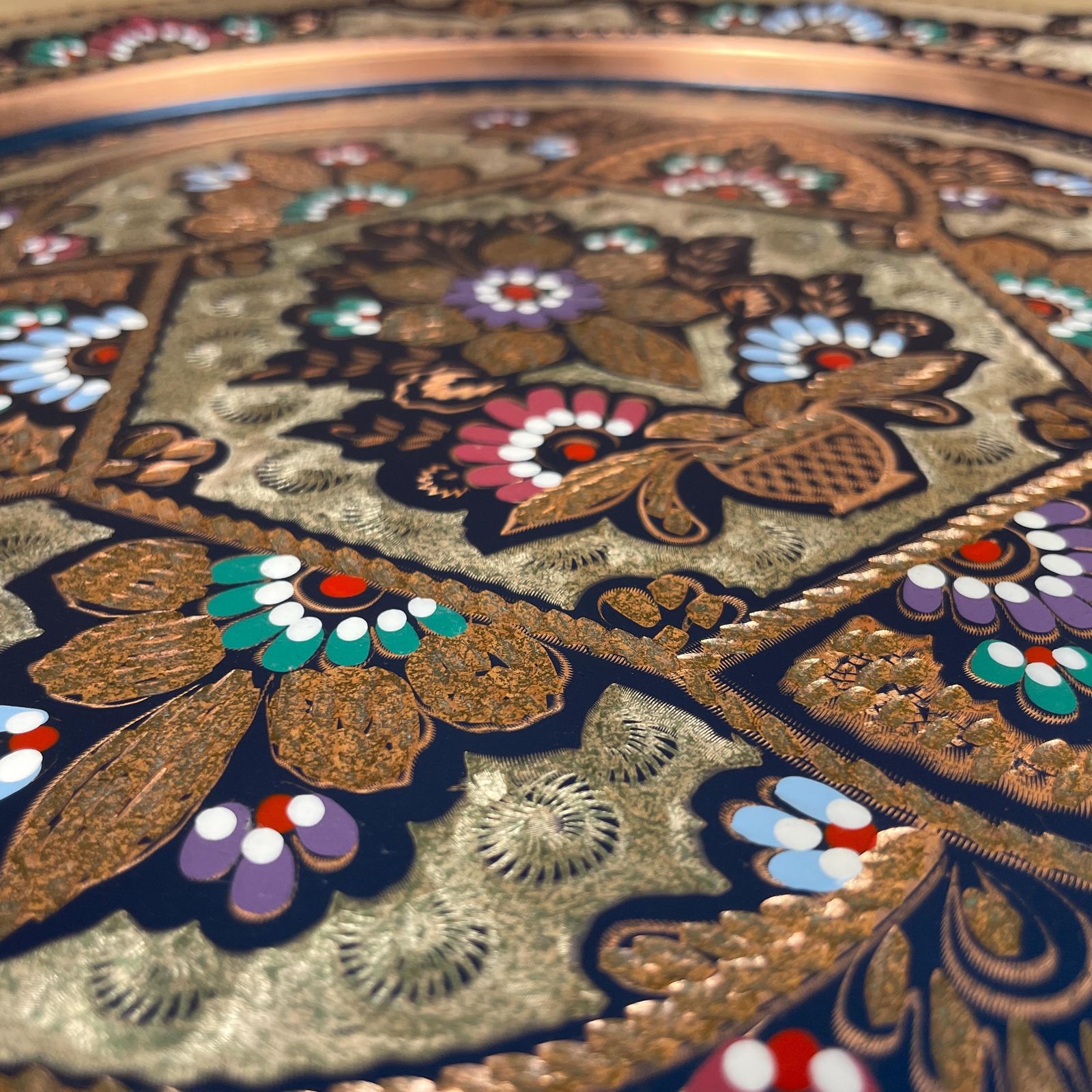 Antique Metal Copper Indian Patterned Brass Tray 45.5cm Plate Handmade Copper Etched Intricate Vintage Decorative Round Colourful Handles photo buy