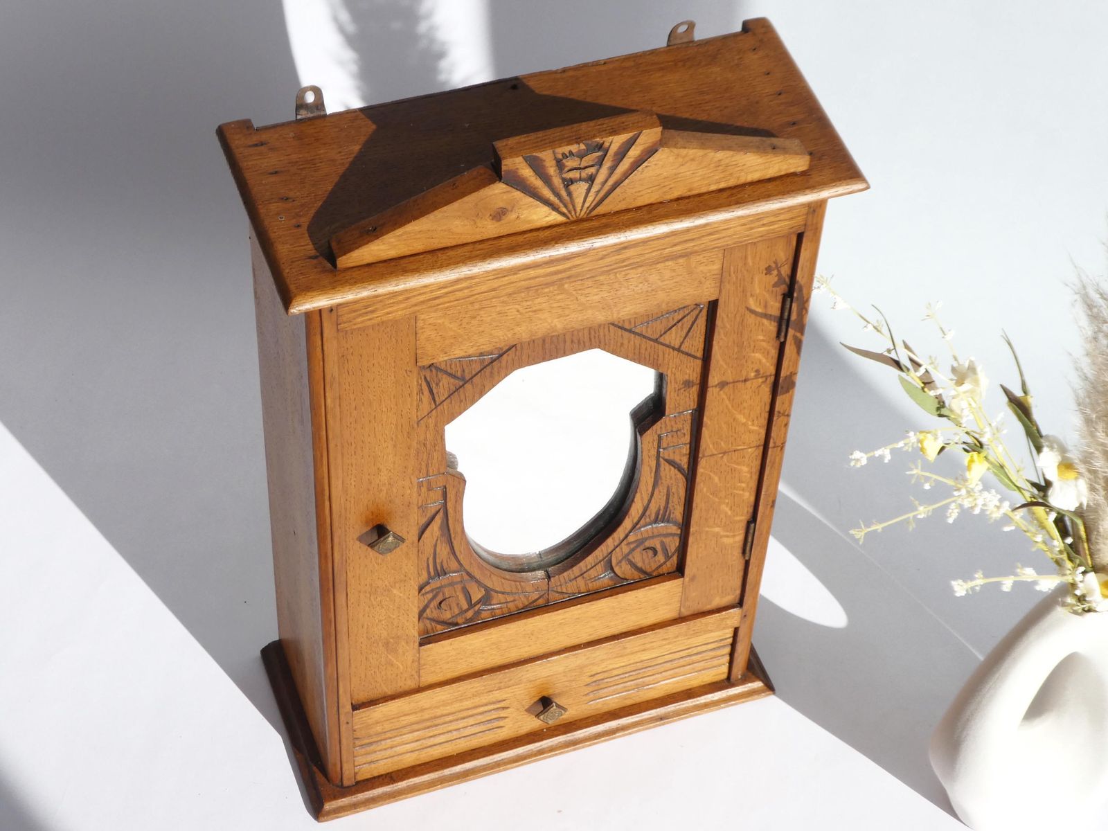 Antique Art Deco Wooden Wall Cabinet With Mirror And Carved Details, Small Apothecary With Shelves And Drawer, Medicine Cabinet Farmhouse photo 271.0