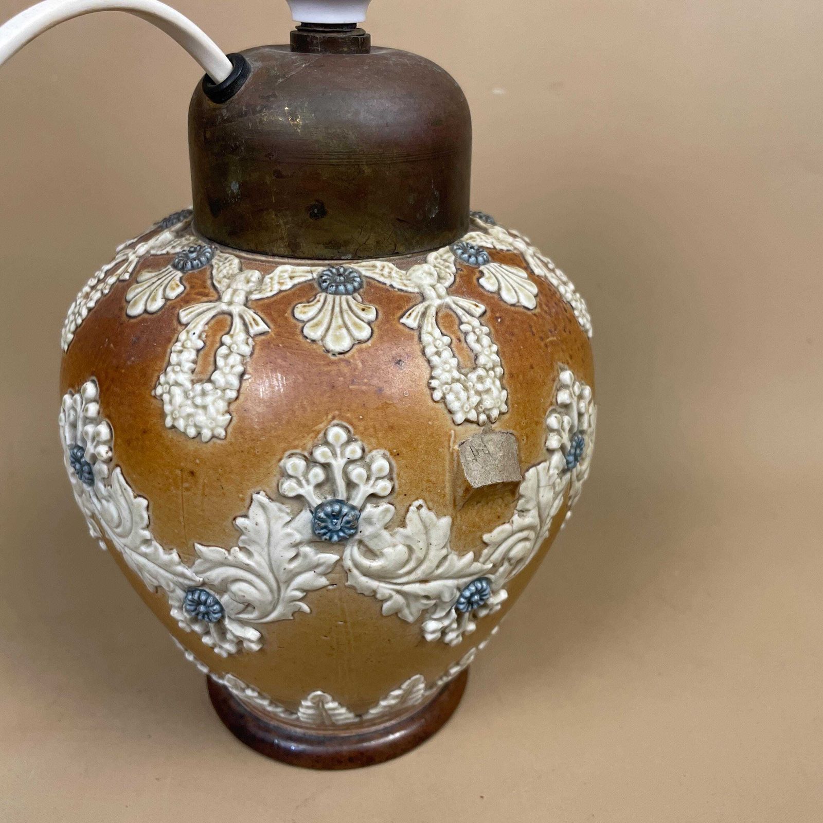 Antique Art Nouveau Doulton Lambeth Lamp 1884 Converted Old Jug Small Pottery Brown Brass Top Old Pac Tested June 2025 photo Lighting