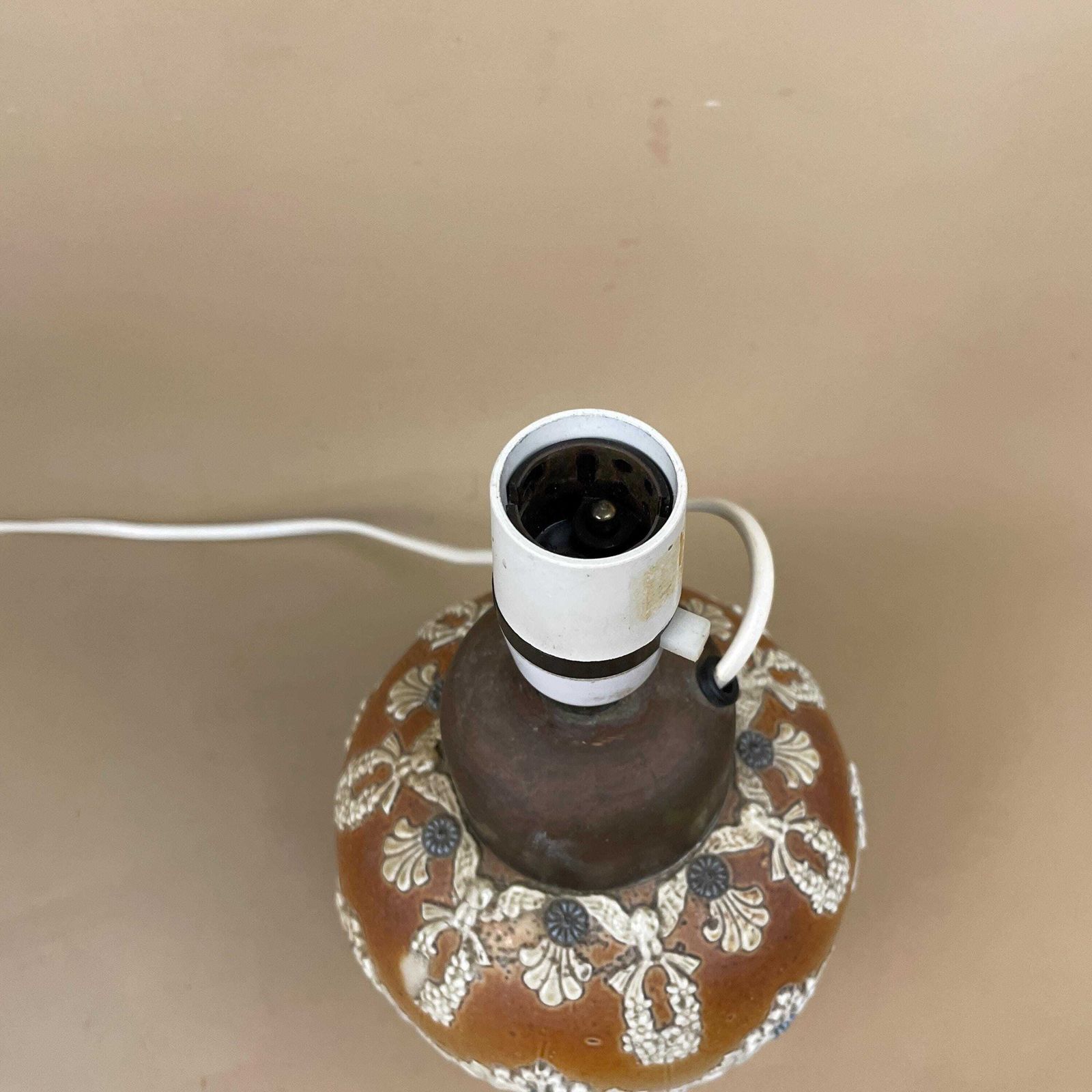 Antique Art Nouveau Doulton Lambeth Lamp 1884 Converted Old Jug Small Pottery Brown Brass Top Old Pac Tested June 2025 photo vinterior