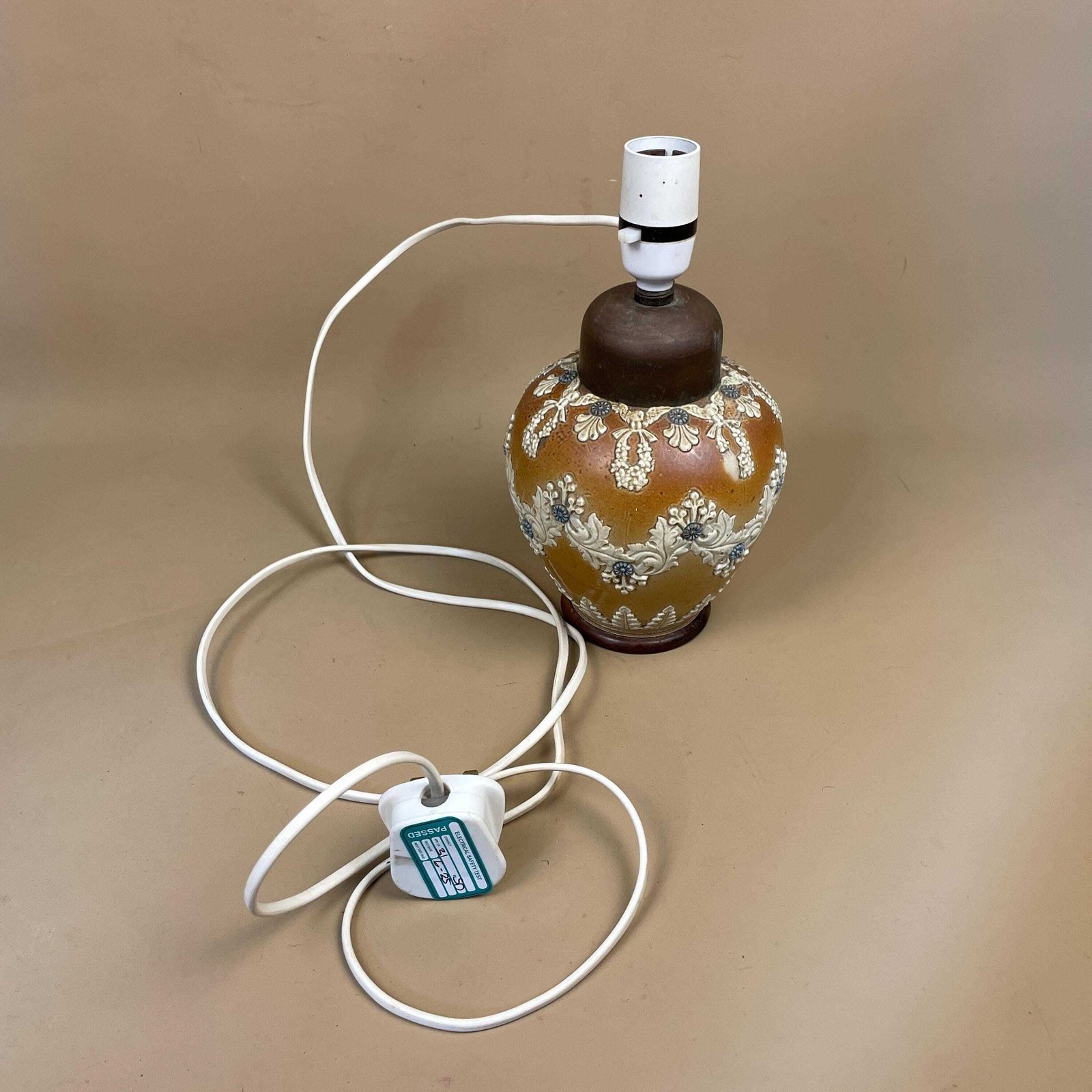 photo furniture Antique Art Nouveau Doulton Lambeth Lamp 1884 Converted Old Jug Small Pottery Brown Brass Top Old Pac Tested June 2025