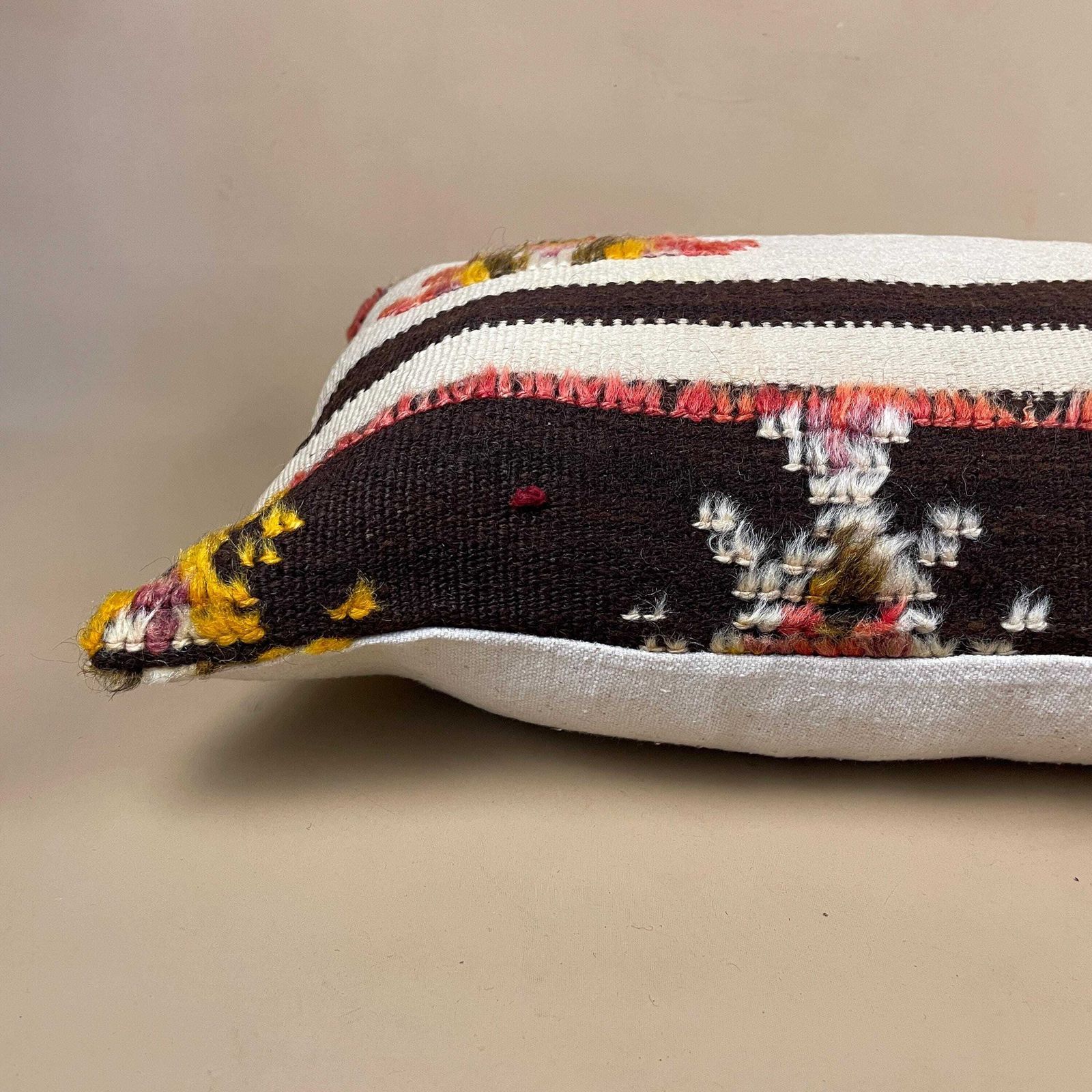 Moroccan Berber Kilim Blend Cushion Carpet Pillow Feather Handmade 55x35cm Beige Red Abstract Feather Filled Handwoventraditional Rectangle photo Textiles