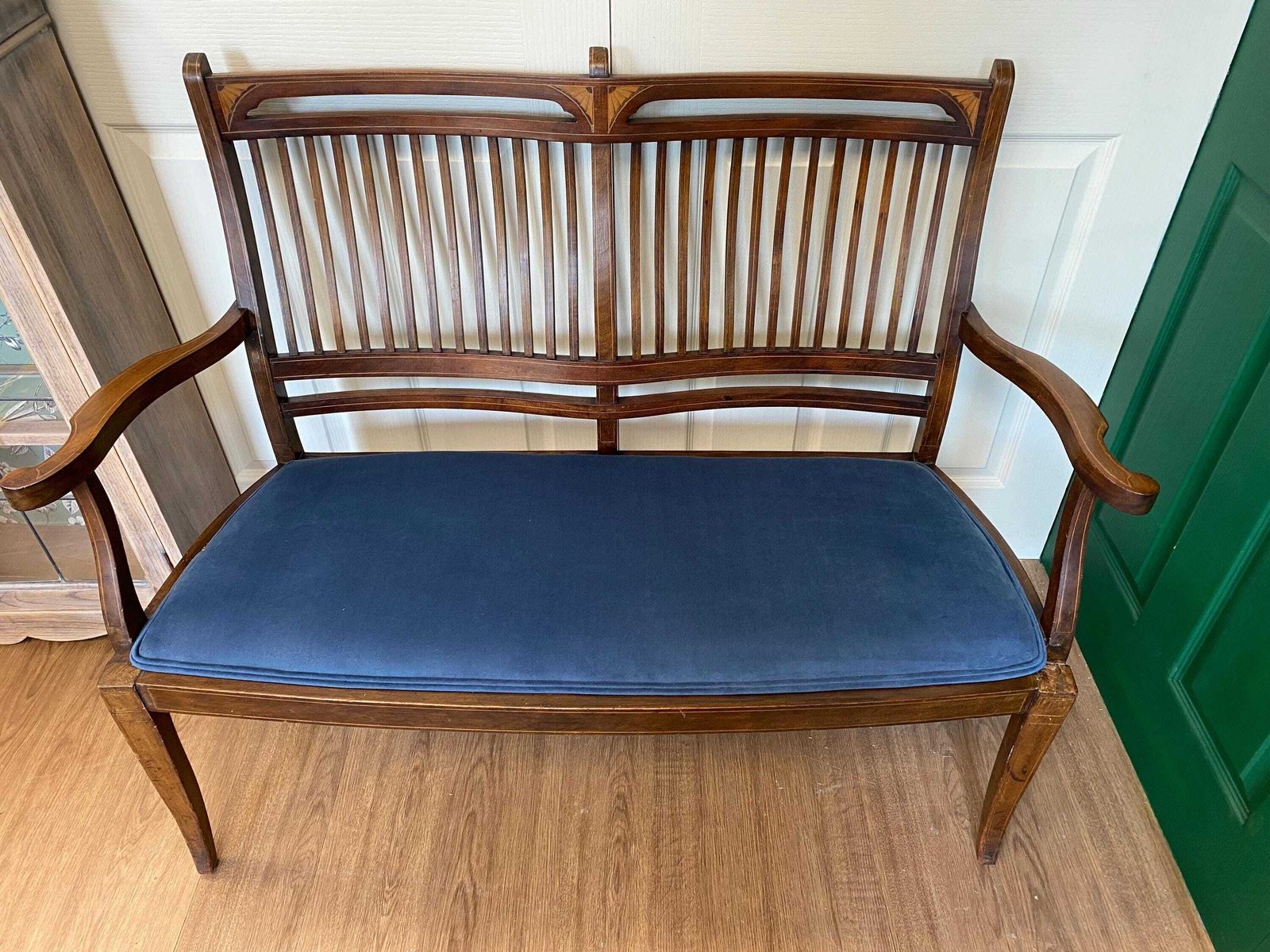 Antique Edwardian Refurbished Mahogany Inlaid Marquetry Love Seat Settee Blue Velvet