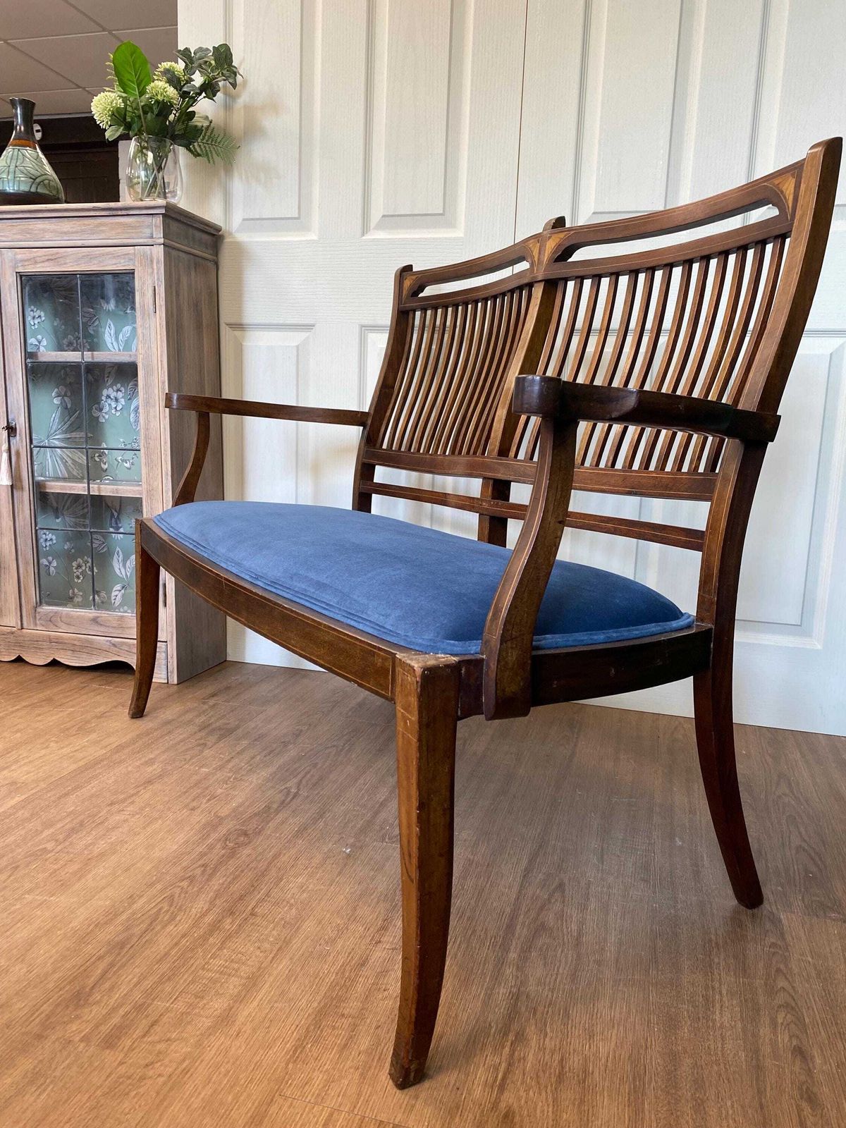 Antique Edwardian Refurbished Mahogany Inlaid Marquetry Love Seat Settee Blue Velvet photo furniture
