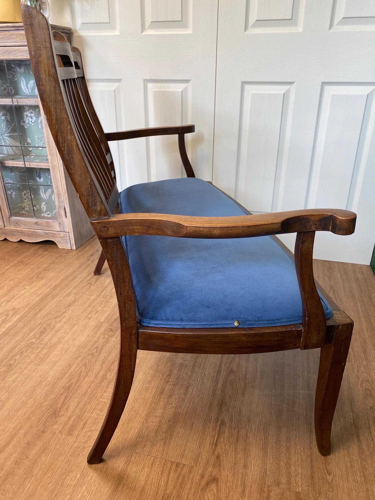 Antique Edwardian Refurbished Mahogany Inlaid Marquetry Love Seat Settee Blue Velvet photo buy