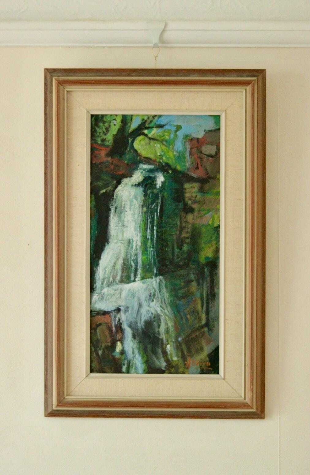 Original Swedish Oil On Panel Painting "Waterfall" By John Börén | Vintage & Framed – 58 × 37 Cm | 22.8 × 14.6 In photo furniture