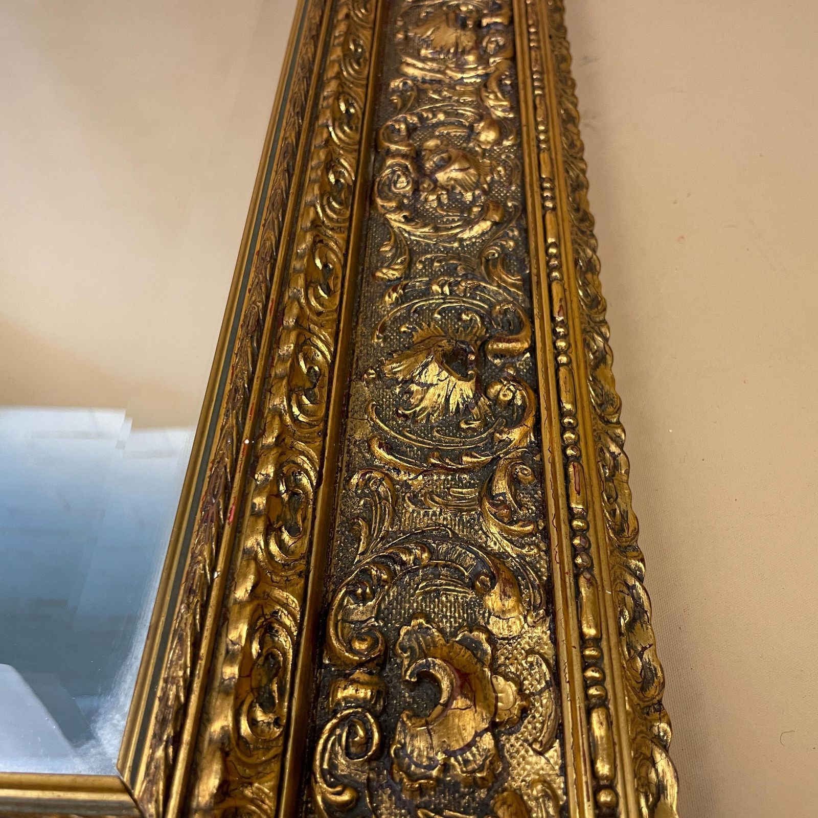 Antique Wooden Wall Mirror Portrait Rectangle Gold Ornate Frame Bevelled Glass Patterned Edge Bedroom Hallway Living Room Rectangular photo 185.0