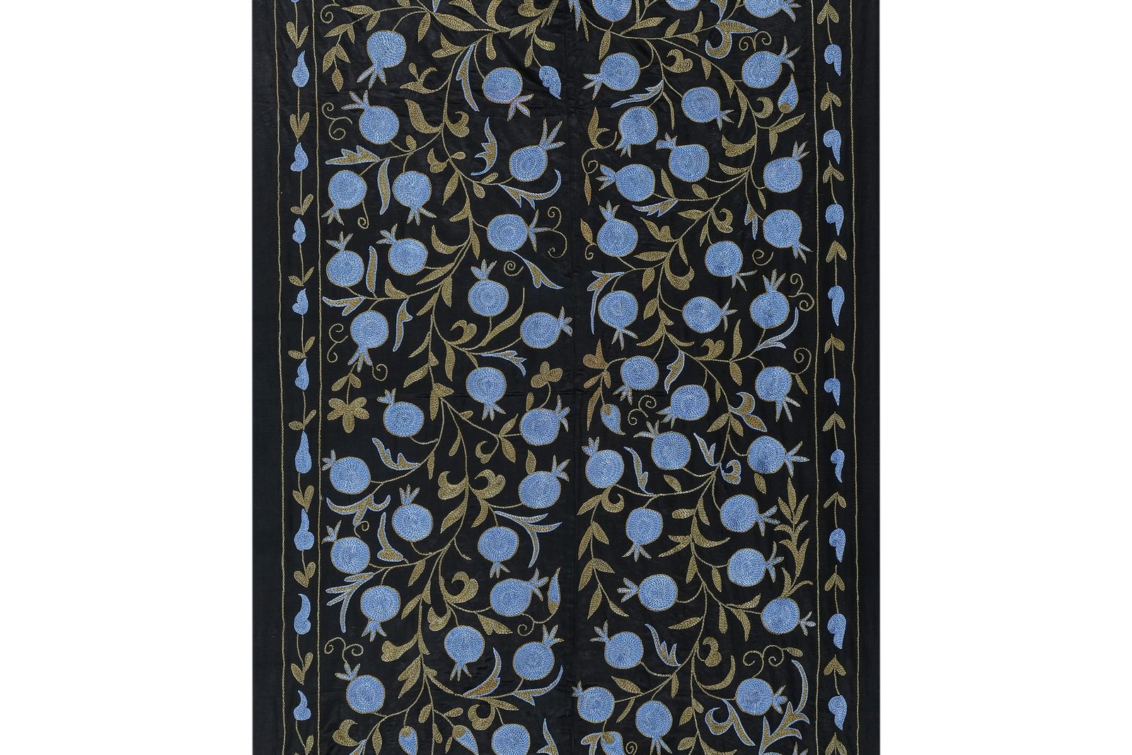 Silk Suzani From Uzbekistan, Central Asia Black And Blue Samarkand Wall Hanging Decor, Floral Uzbek Bedspread 103 X 186 photo vintage